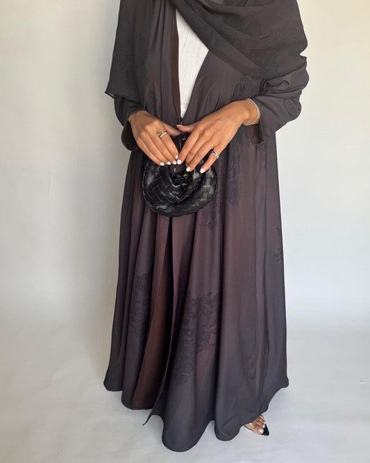A574 - Brown Striped Abaya with Black Lace Pattern A-Cut Abaya & Matching Head Scarf