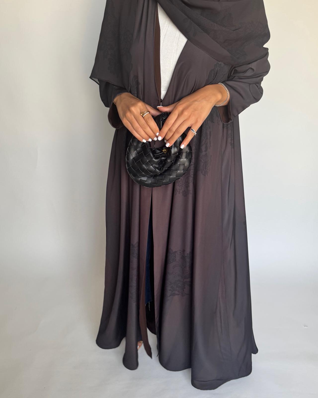 A574 - Brown Striped Abaya with Black Lace Pattern A-Cut Abaya & Matching Head Scarf
