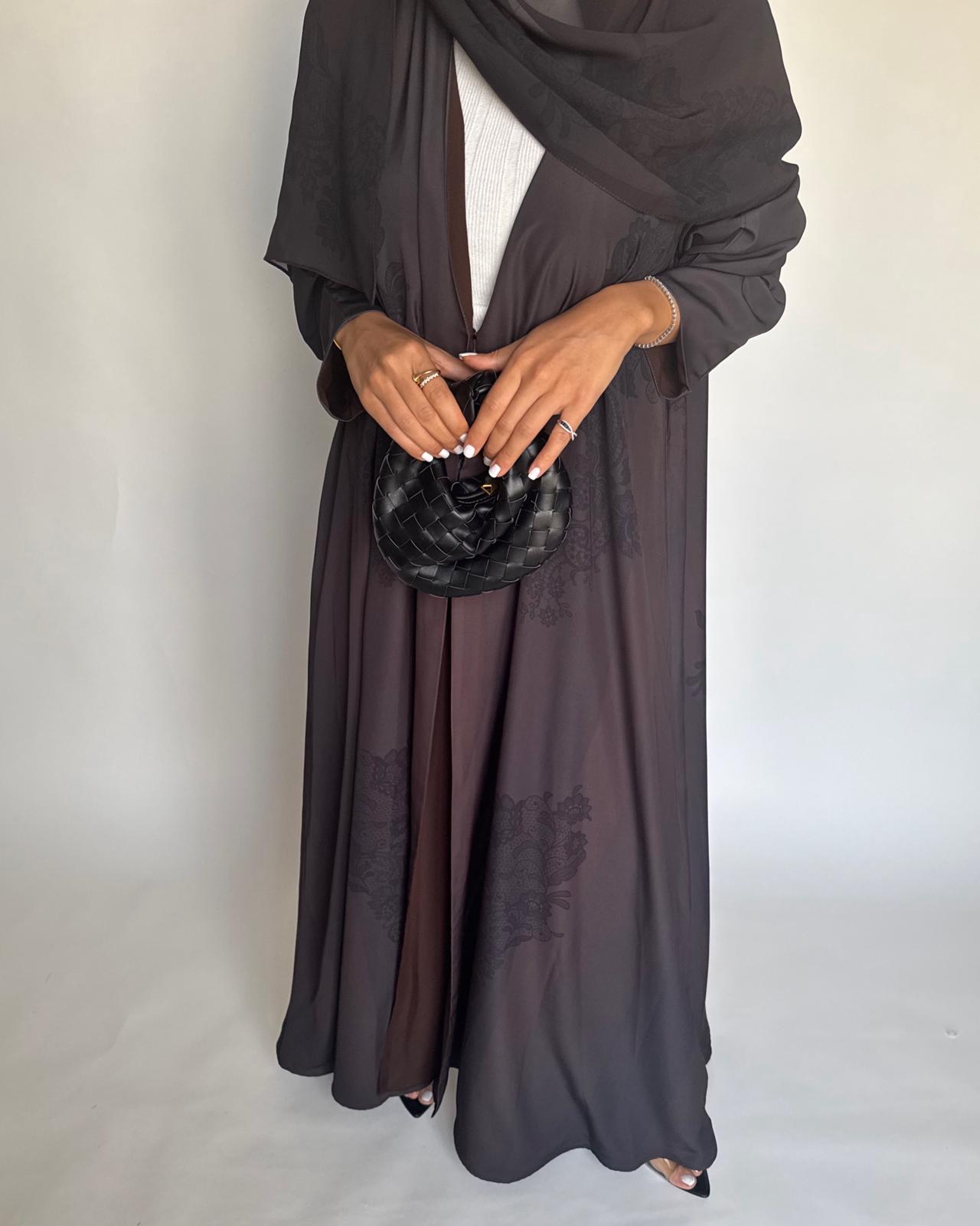 A574 - Brown Striped Abaya with Black Lace Pattern A-Cut Abaya & Matching Head Scarf