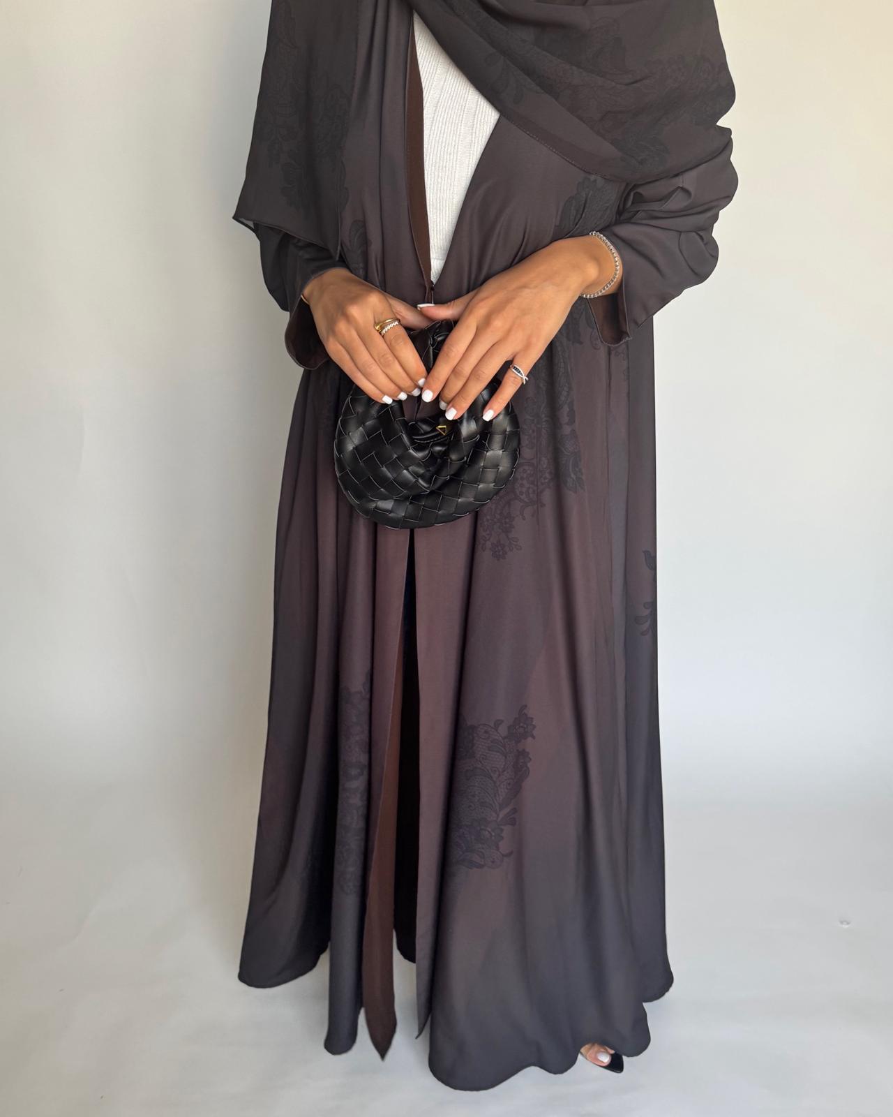 A574 - Brown Striped Abaya with Black Lace Pattern A-Cut Abaya & Matching Head Scarf