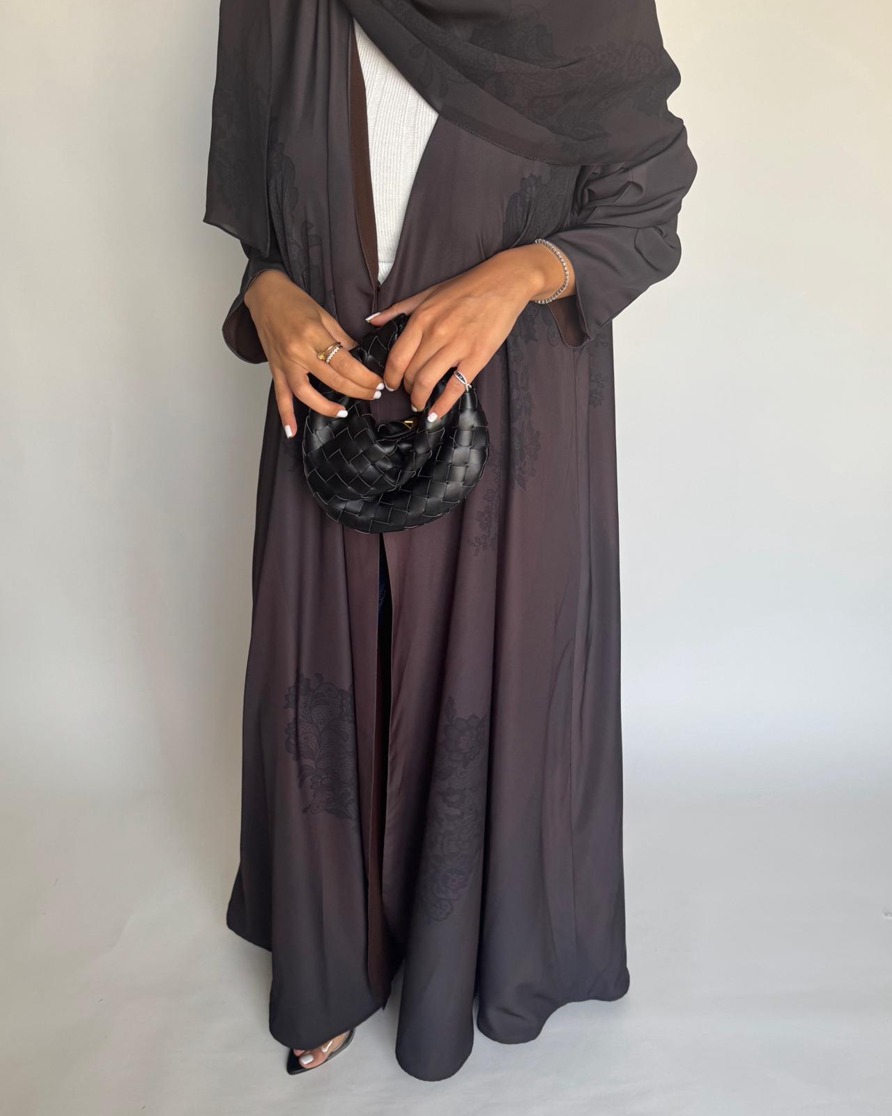 A574 - Brown Striped Abaya with Black Lace Pattern A-Cut Abaya & Matching Head Scarf