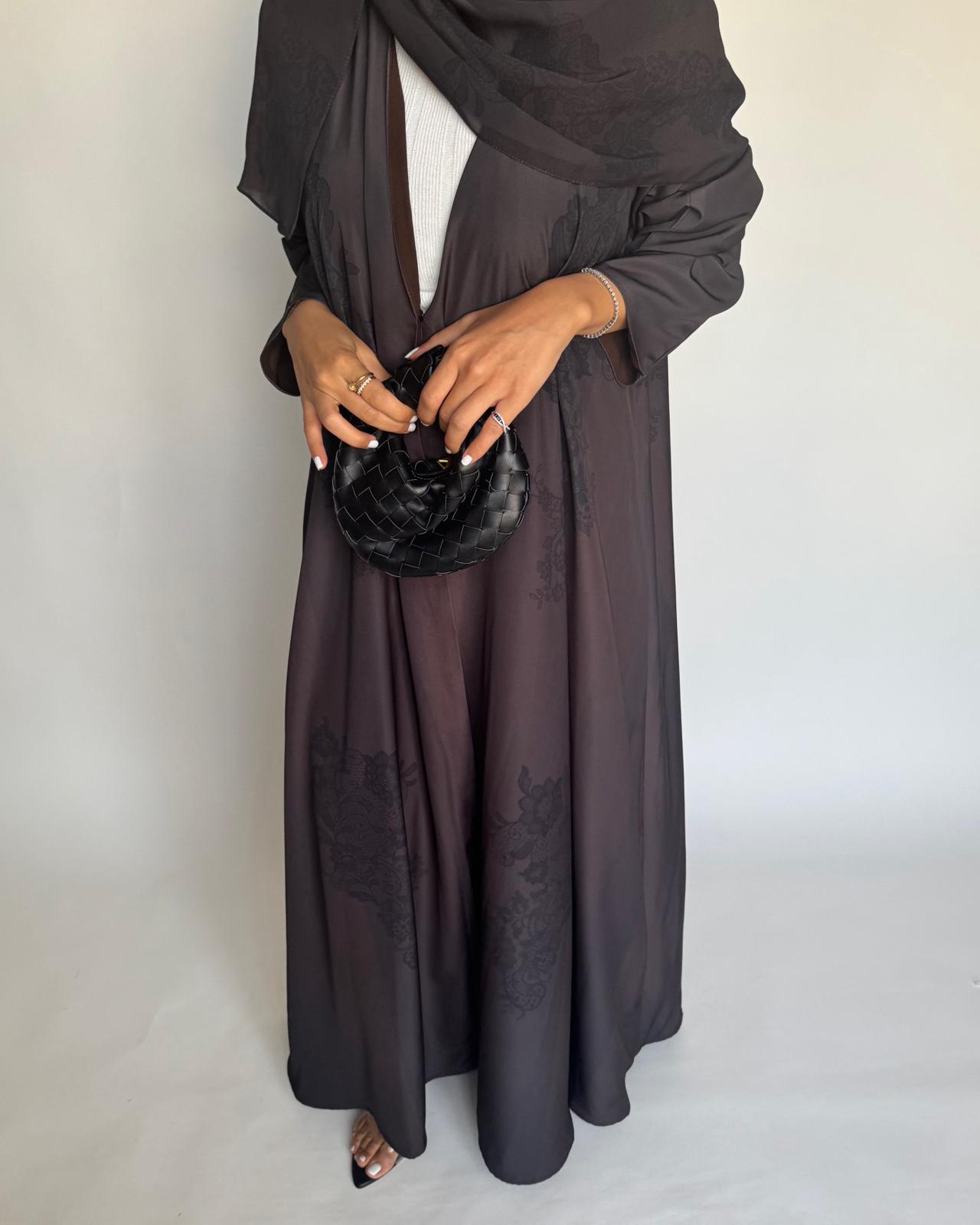 A574 - Brown Striped Abaya with Black Lace Pattern A-Cut Abaya & Matching Head Scarf