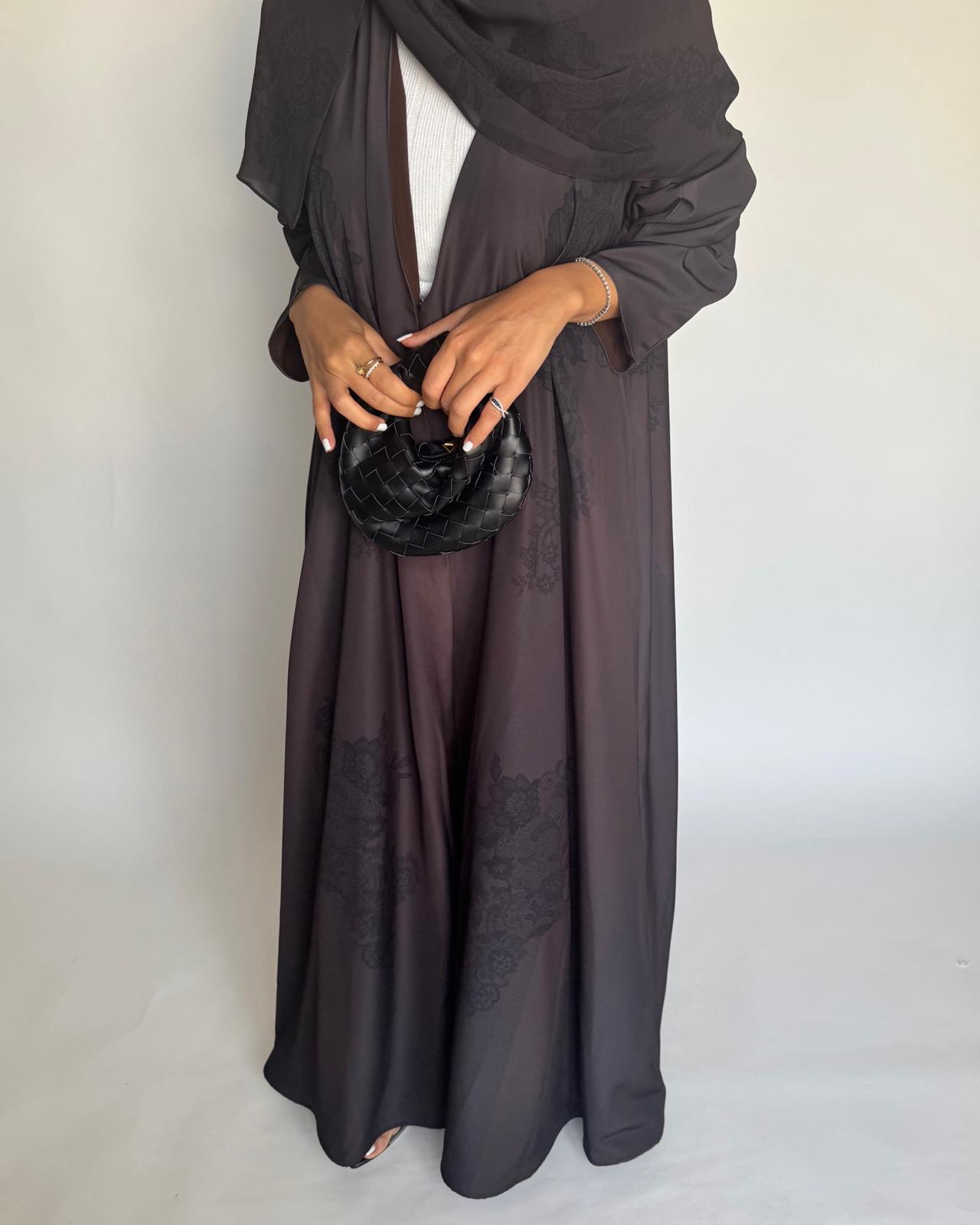 A574 - Brown Striped Abaya with Black Lace Pattern A-Cut Abaya & Matching Head Scarf