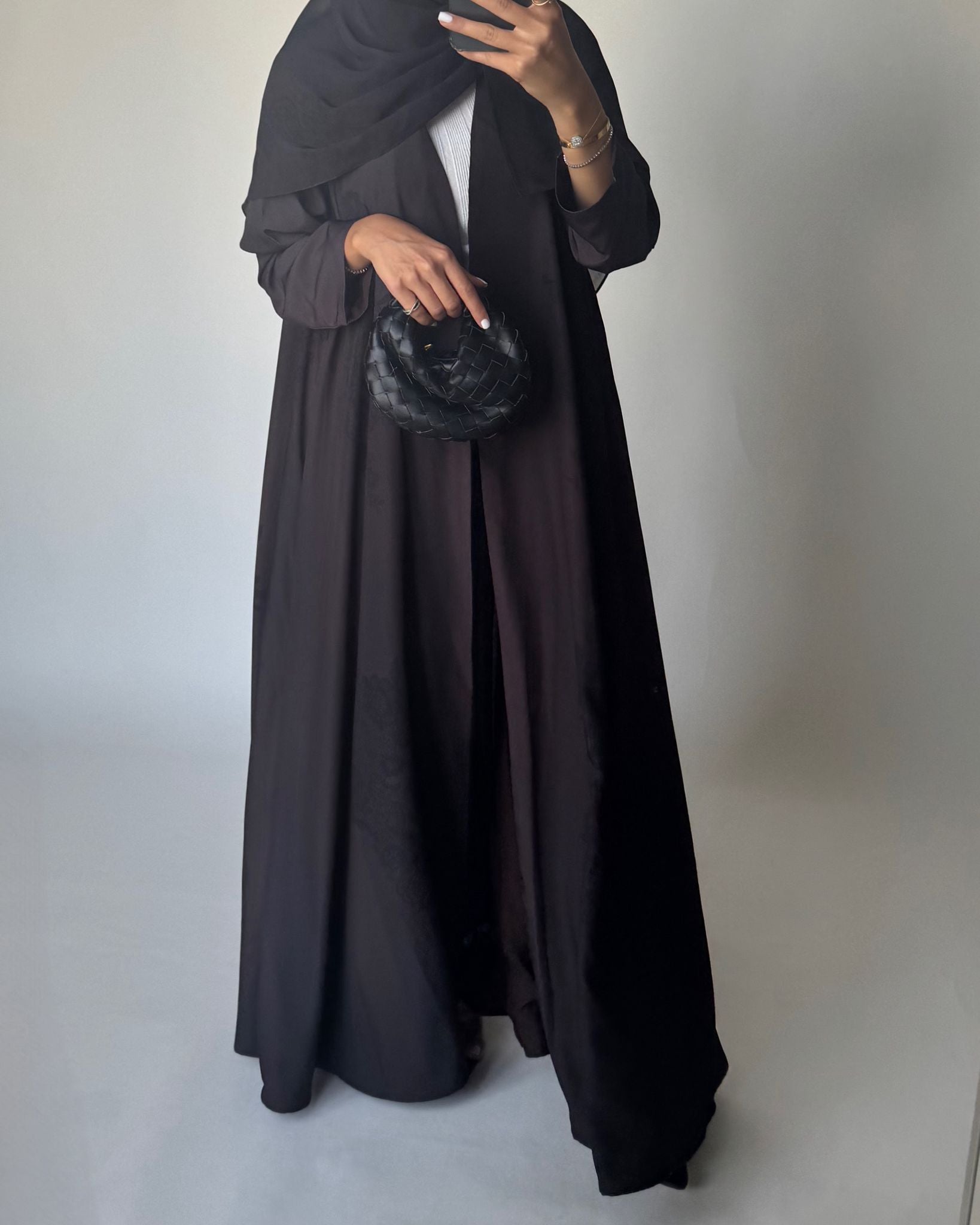A574 - Brown Striped Abaya with Black Lace Pattern A-Cut Abaya & Matching Head Scarf