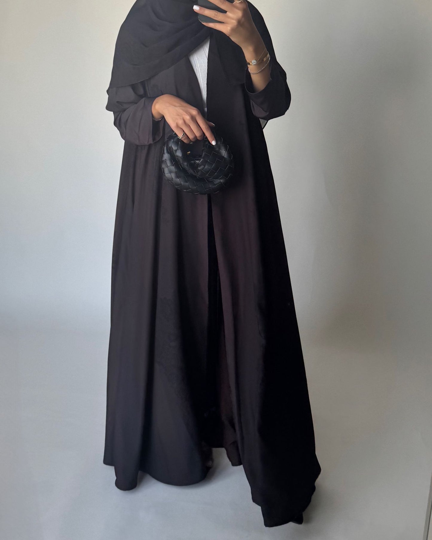 A574 - Brown Striped Abaya with Black Lace Pattern A-Cut Abaya & Matching Head Scarf