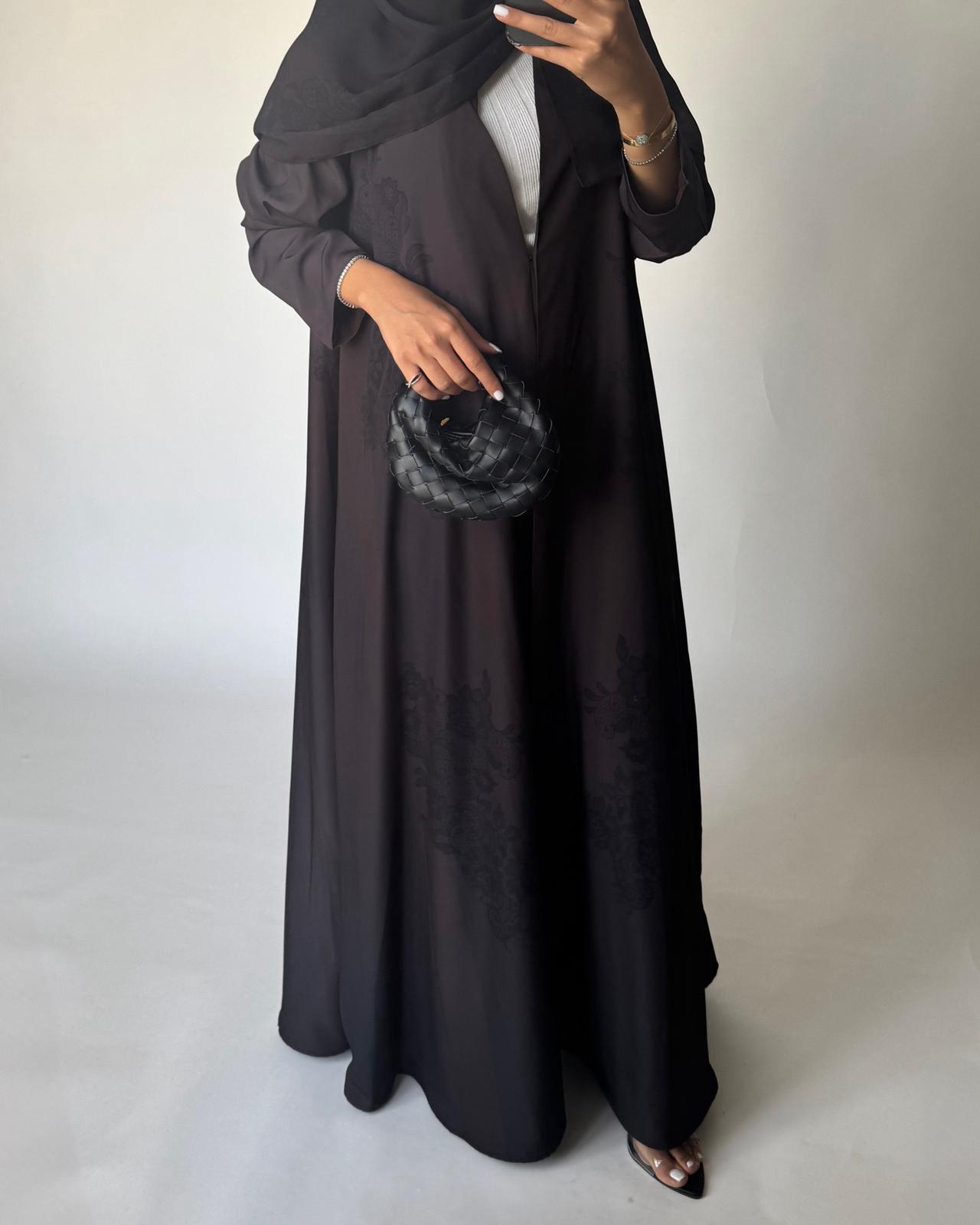 A574 - Brown Striped Abaya with Black Lace Pattern A-Cut Abaya & Matching Head Scarf