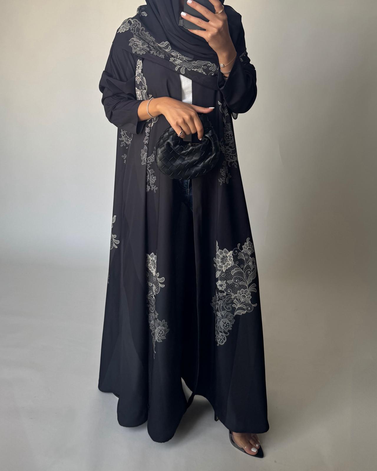 A580 - Black Striped Abaya with Beige Lace Pattern A-Cut Abaya & Matching Head Scarf