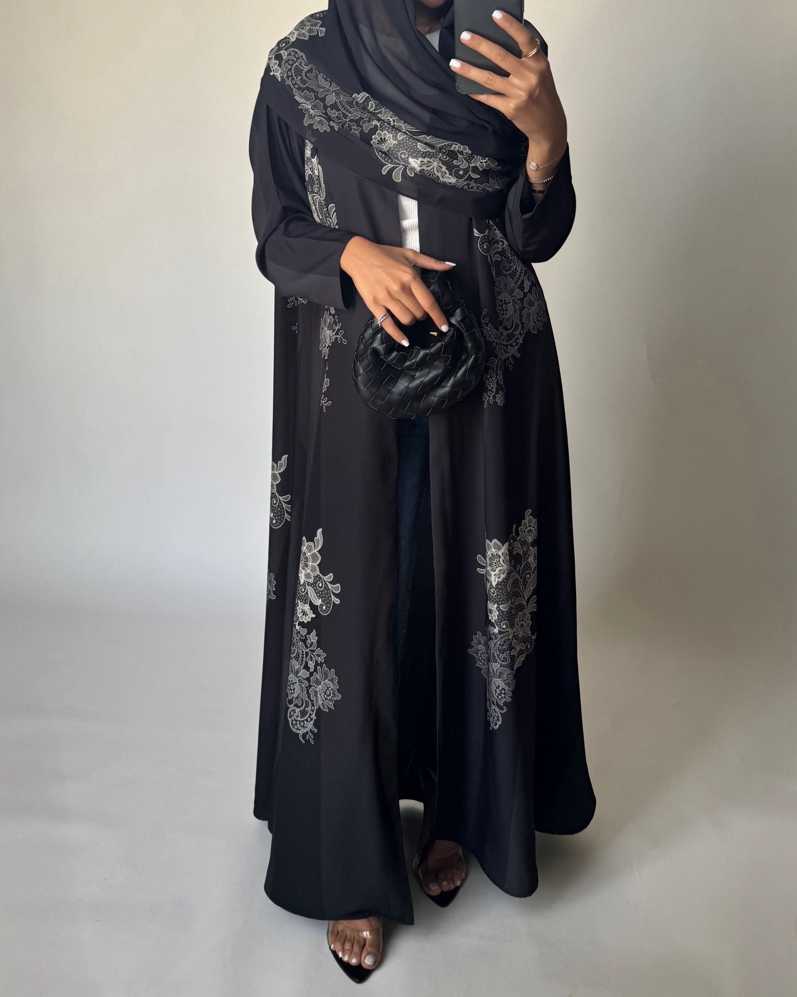 A580 - Black Striped Abaya with Beige Lace Pattern A-Cut Abaya & Matching Head Scarf
