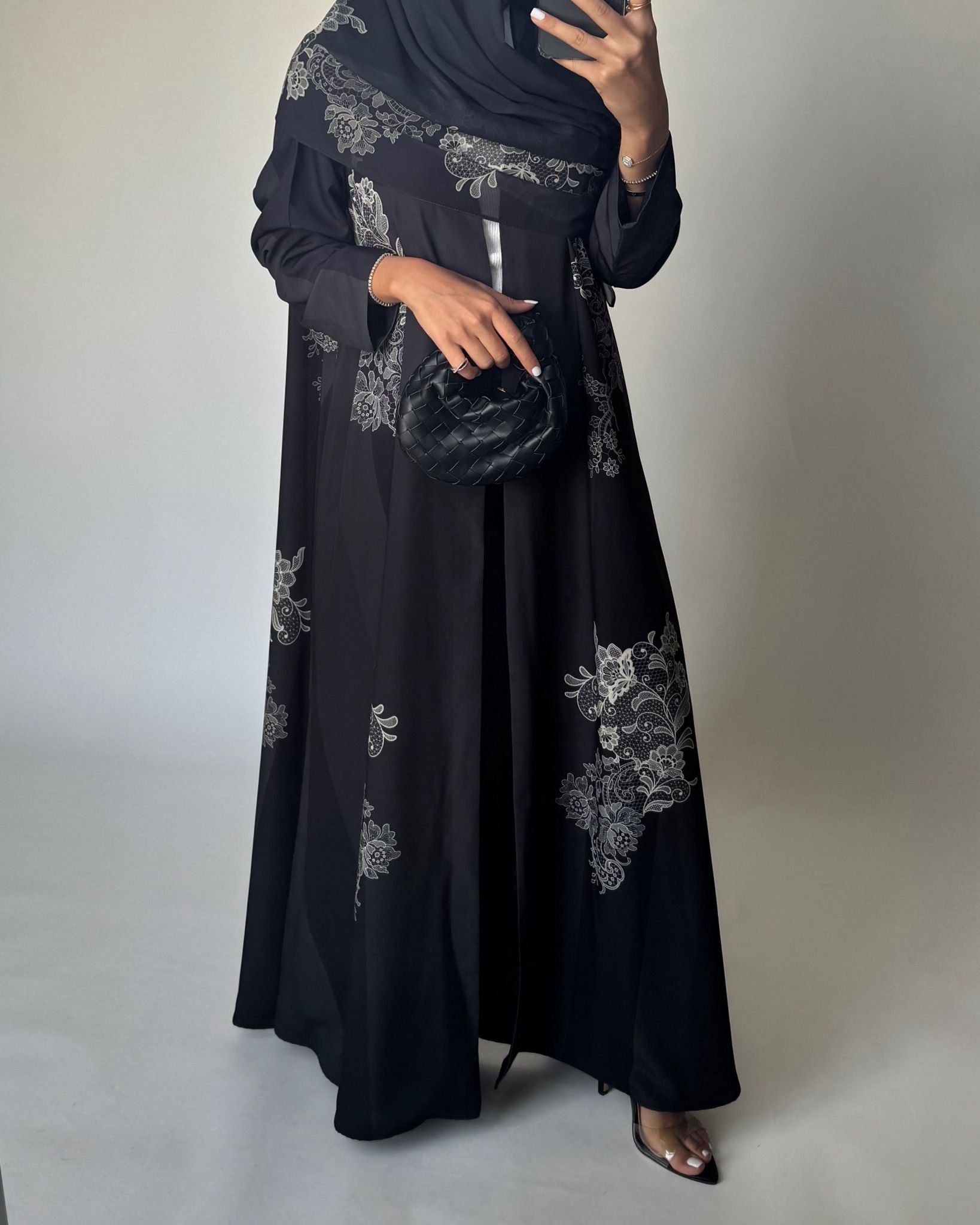 A580 - Black Striped Abaya with Beige Lace Pattern A-Cut Abaya & Matching Head Scarf