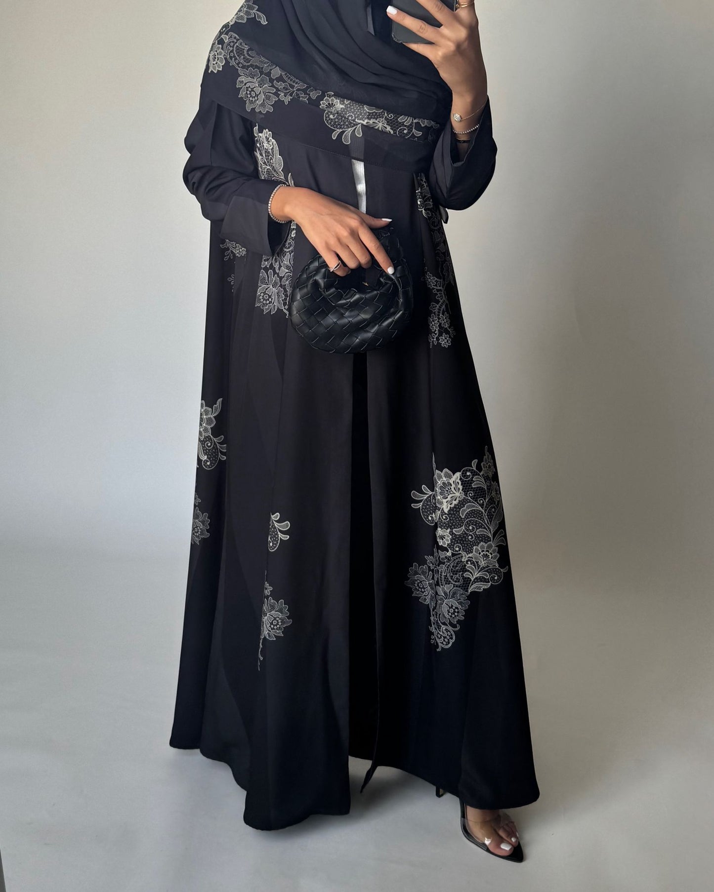 A580 - Black Striped Abaya with Beige Lace Pattern A-Cut Abaya & Matching Head Scarf
