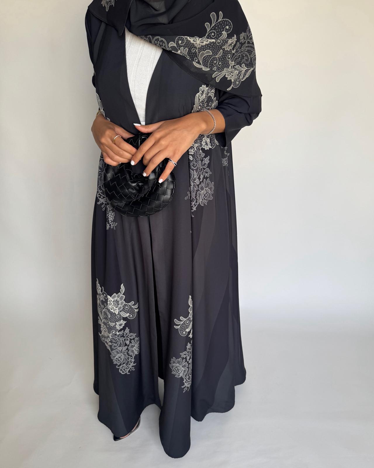 A580 - Black Striped Abaya with Beige Lace Pattern A-Cut Abaya & Matching Head Scarf