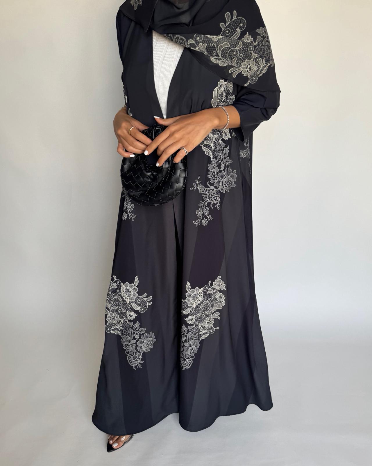 A580 - Black Striped Abaya with Beige Lace Pattern A-Cut Abaya & Matching Head Scarf