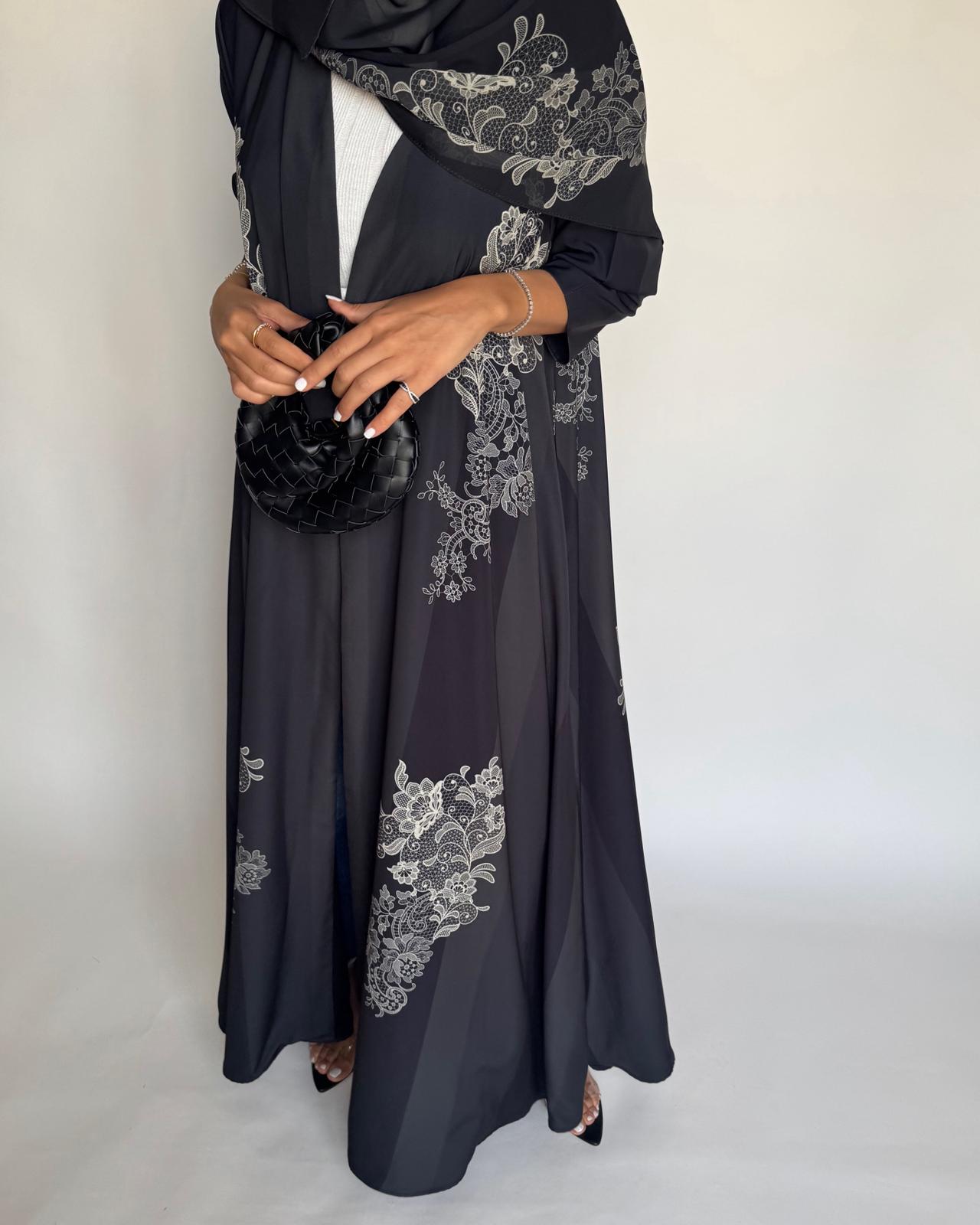 A580 - Black Striped Abaya with Beige Lace Pattern A-Cut Abaya & Matching Head Scarf