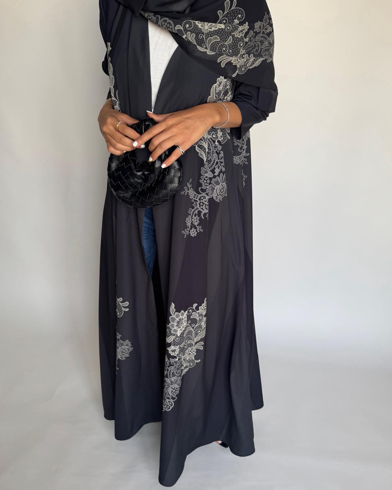 A580 - Black Striped Abaya with Beige Lace Pattern A-Cut Abaya & Matching Head Scarf