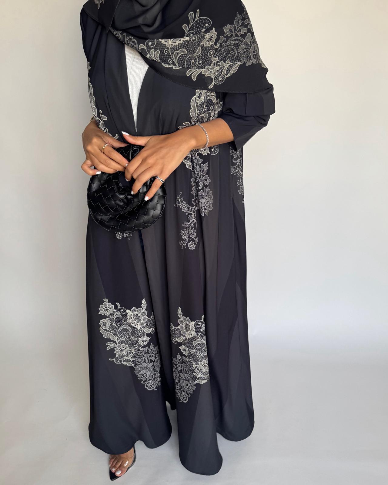 A580 - Black Striped Abaya with Beige Lace Pattern A-Cut Abaya & Matching Head Scarf