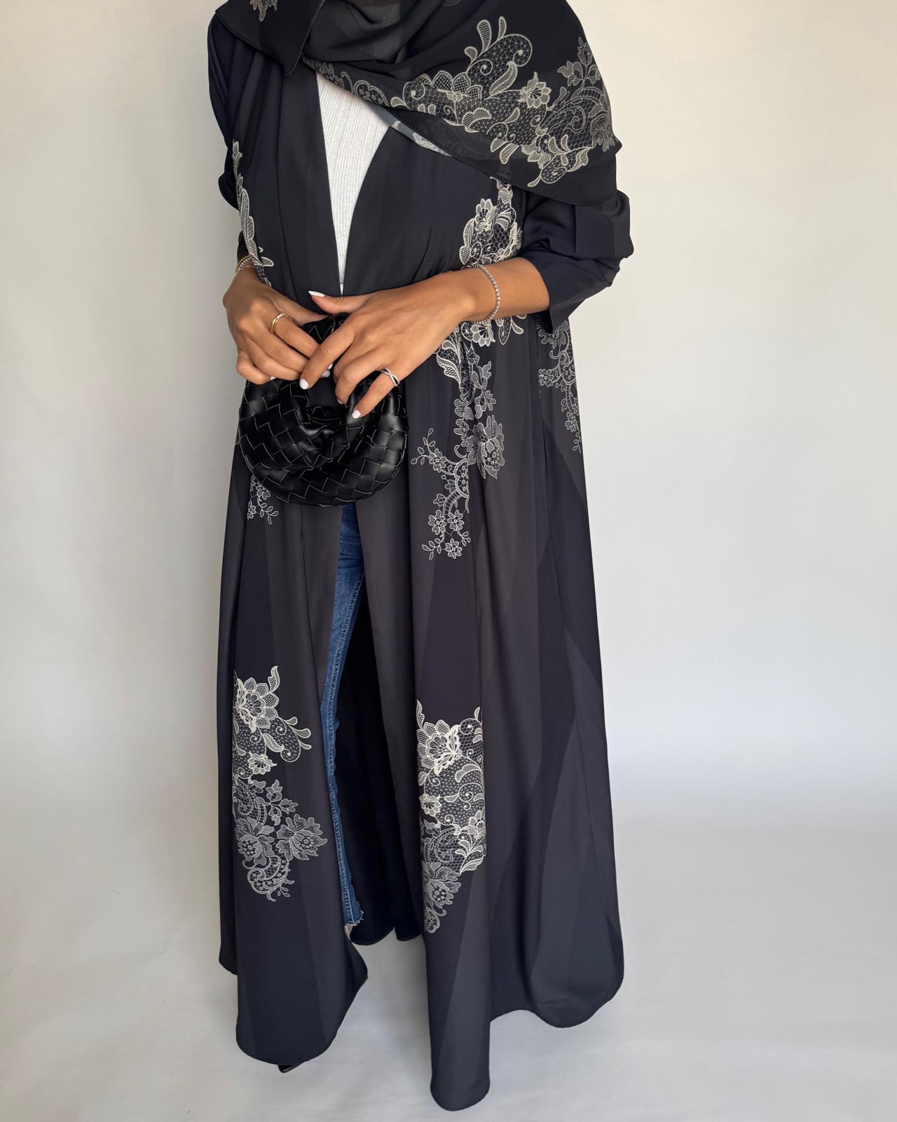 A580 - Black Striped Abaya with Beige Lace Pattern A-Cut Abaya & Matching Head Scarf