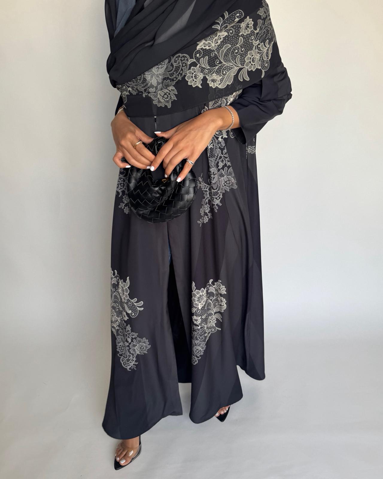 A580 - Black Striped Abaya with Beige Lace Pattern A-Cut Abaya & Matching Head Scarf