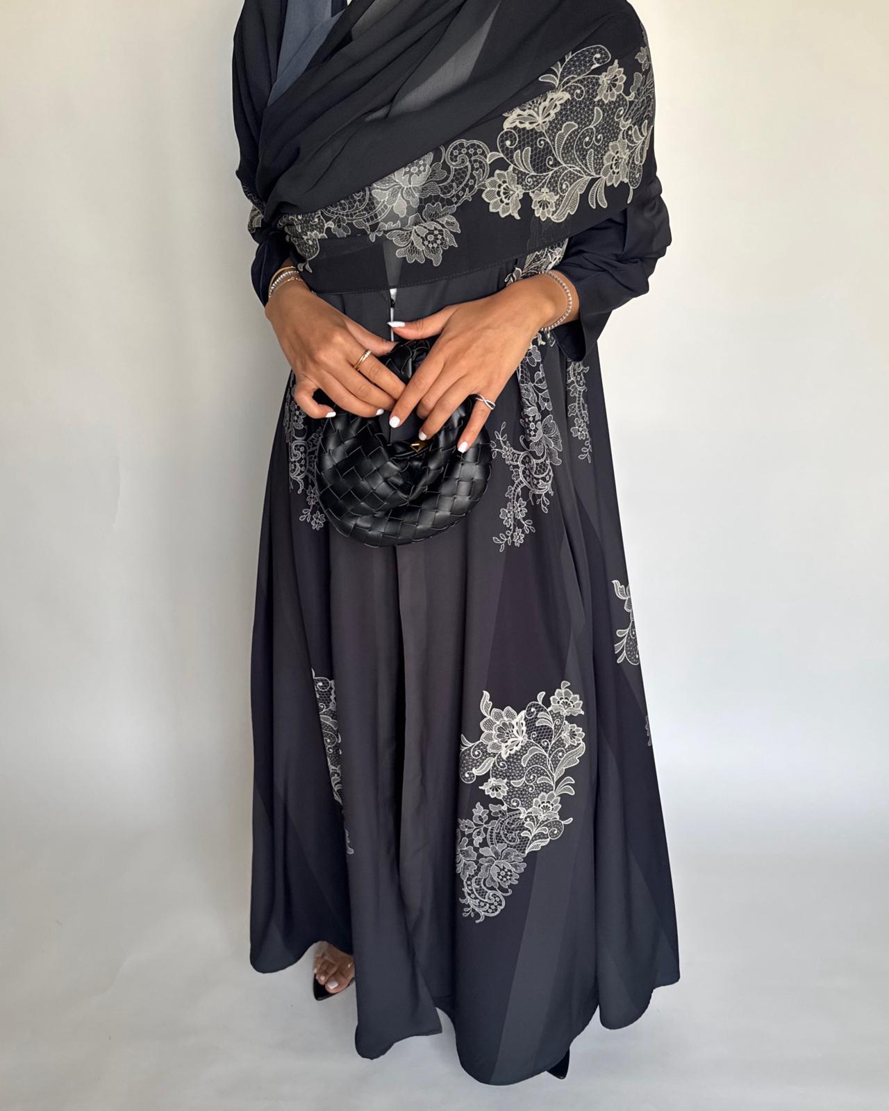 A580 - Black Striped Abaya with Beige Lace Pattern A-Cut Abaya & Matching Head Scarf