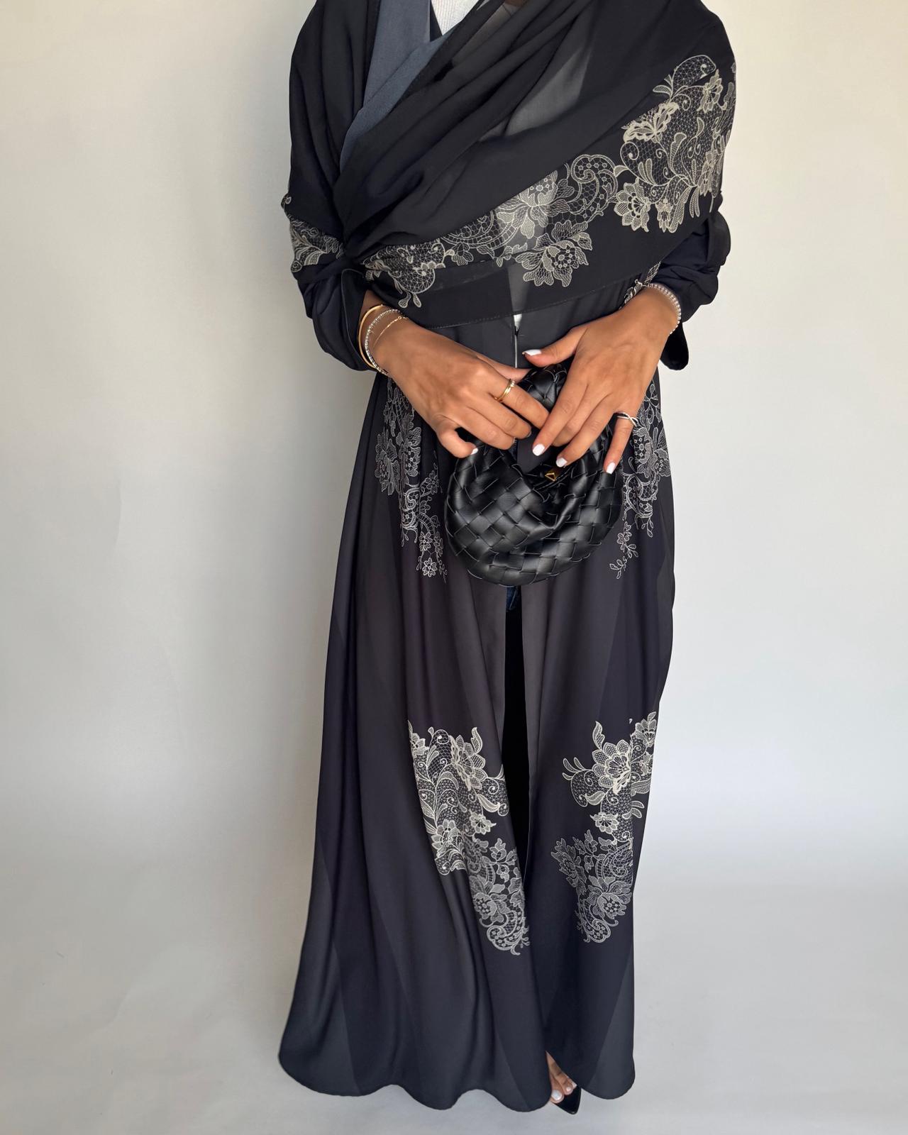 A580 - Black Striped Abaya with Beige Lace Pattern A-Cut Abaya & Matching Head Scarf