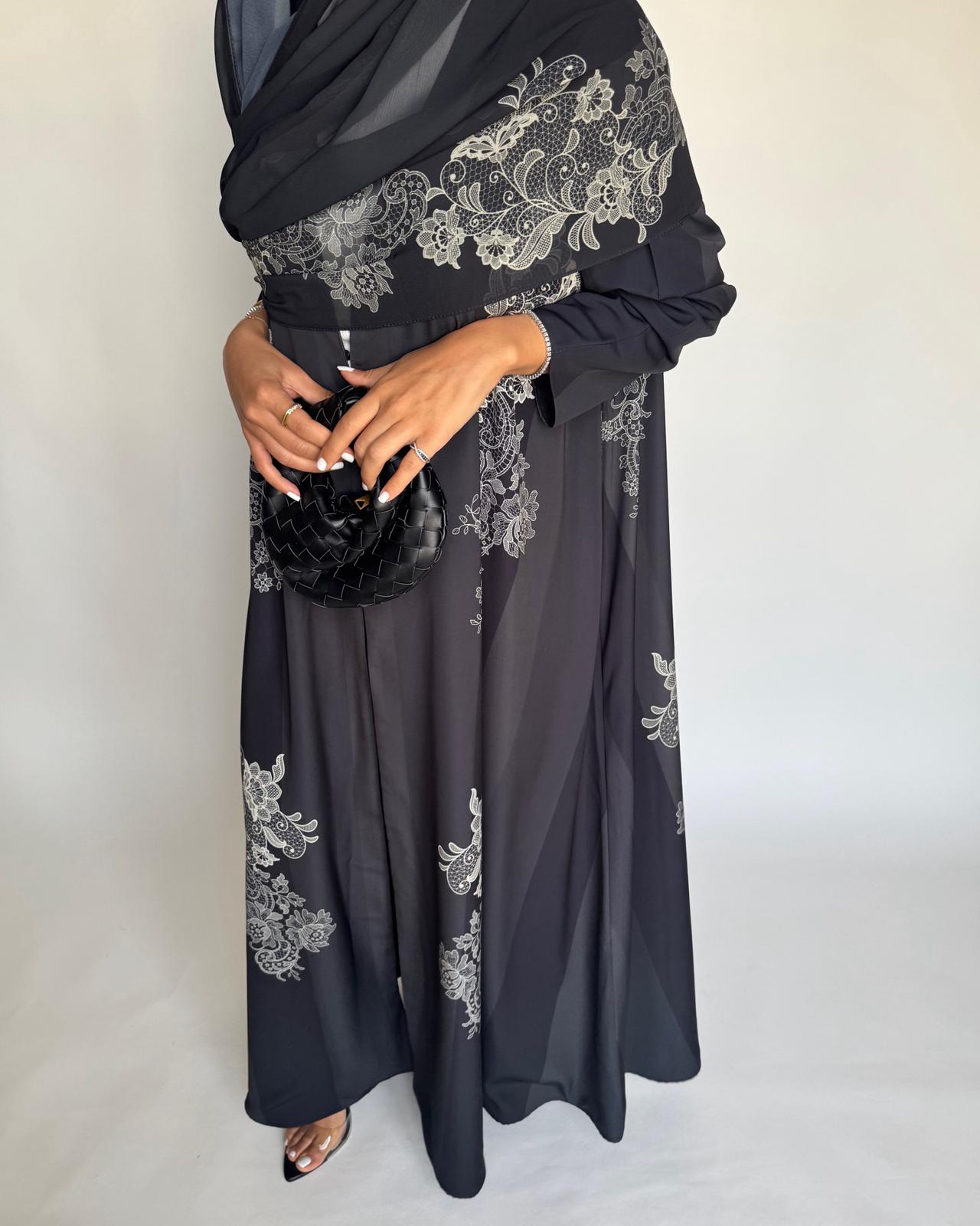 A580 - Black Striped Abaya with Beige Lace Pattern A-Cut Abaya & Matching Head Scarf