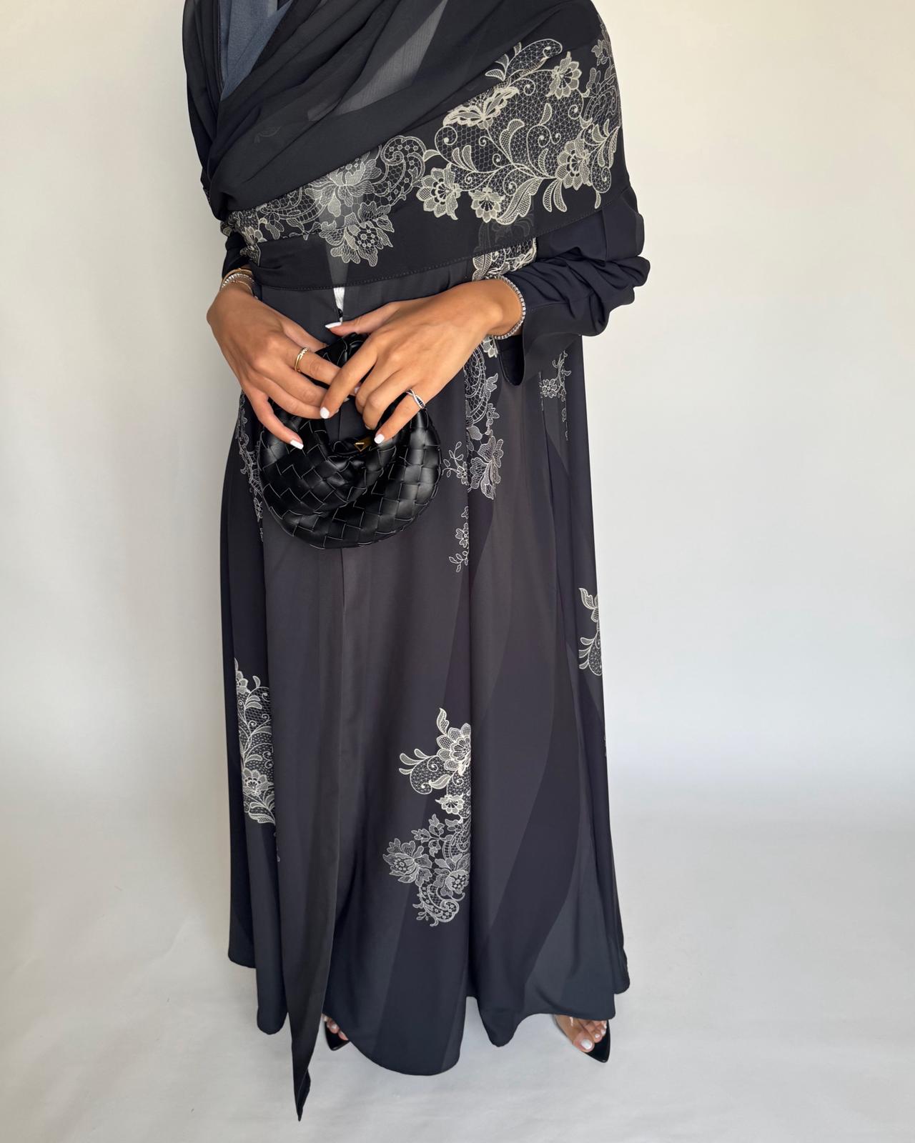 A580 - Black Striped Abaya with Beige Lace Pattern A-Cut Abaya & Matching Head Scarf