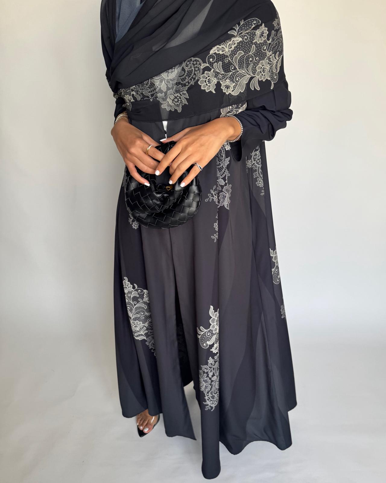 A580 - Black Striped Abaya with Beige Lace Pattern A-Cut Abaya & Matching Head Scarf
