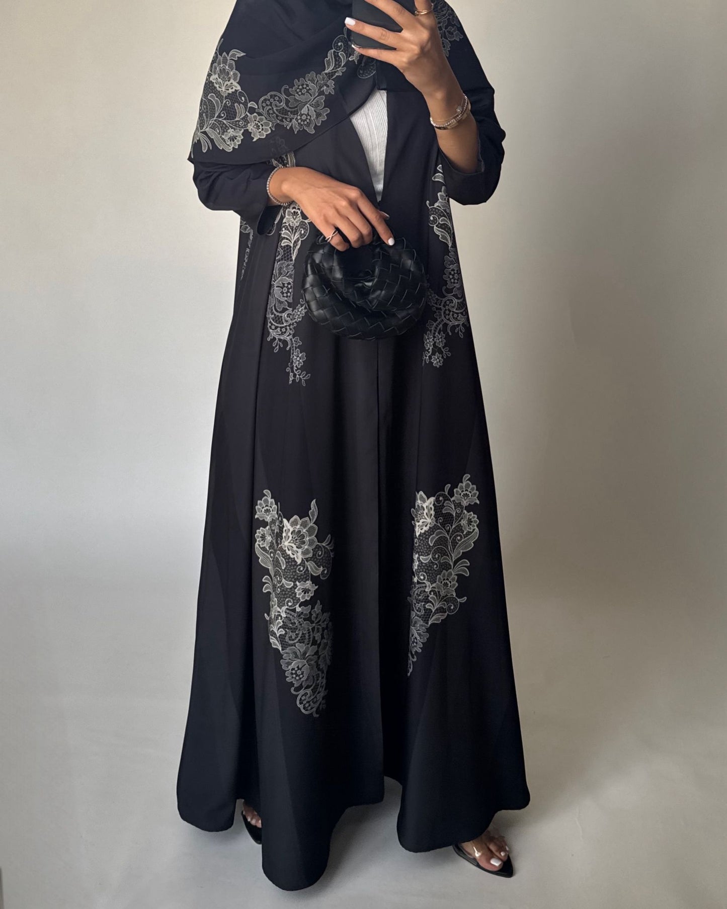 A580 - Black Striped Abaya with Beige Lace Pattern A-Cut Abaya & Matching Head Scarf