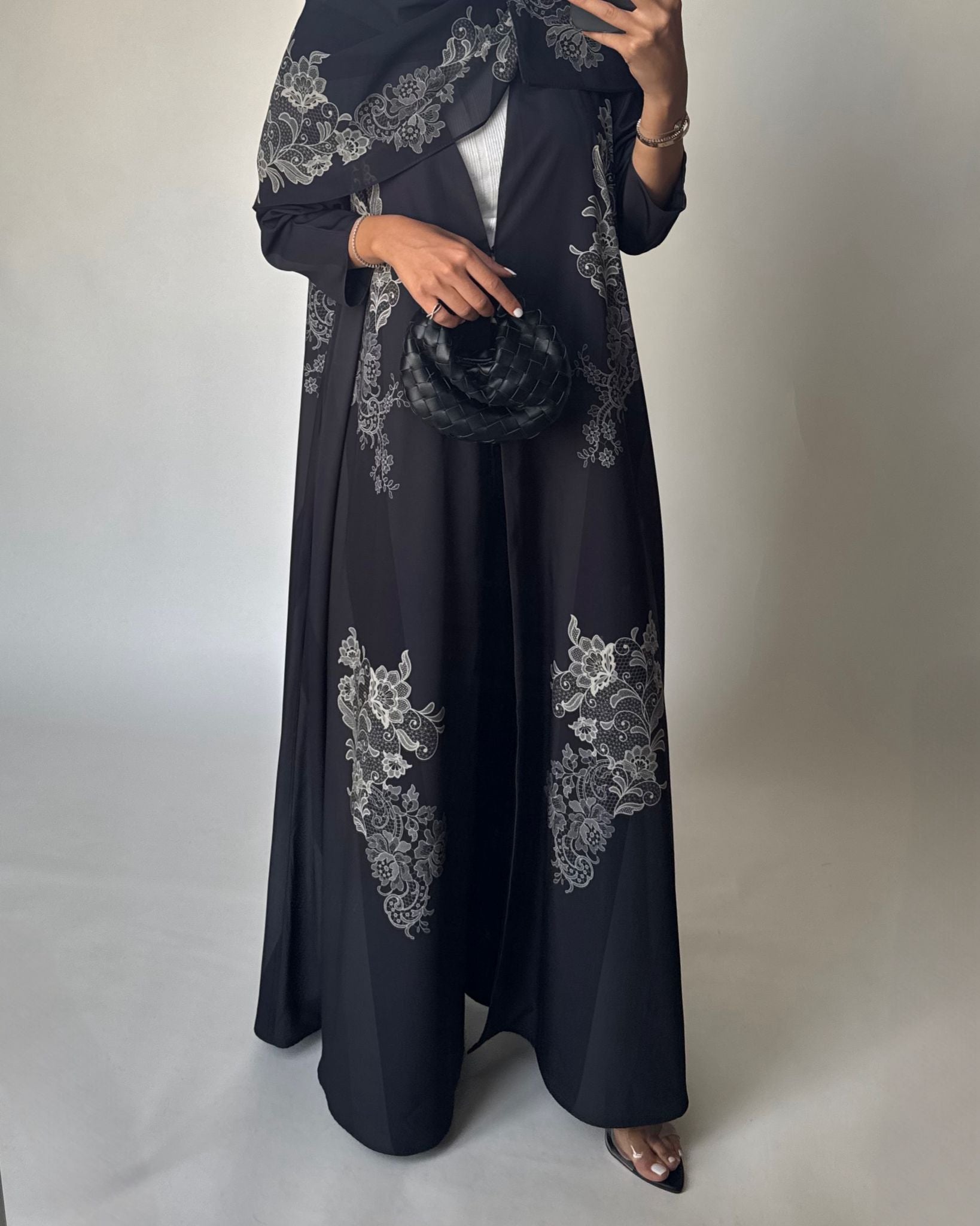 A580 - Black Striped Abaya with Beige Lace Pattern A-Cut Abaya & Matching Head Scarf