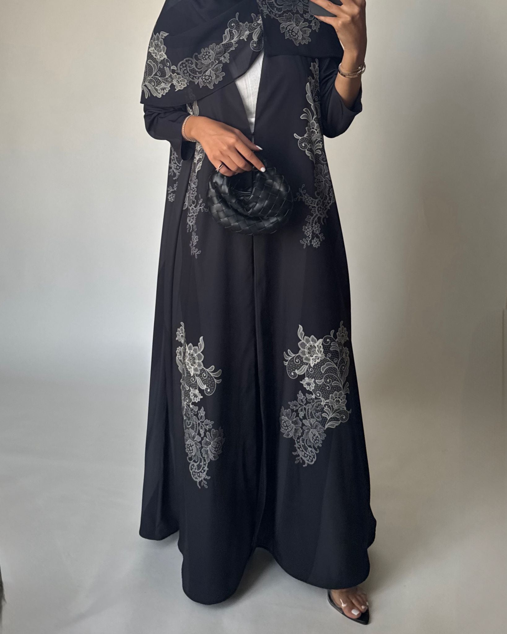 A580 - Black Striped Abaya with Beige Lace Pattern A-Cut Abaya & Matching Head Scarf