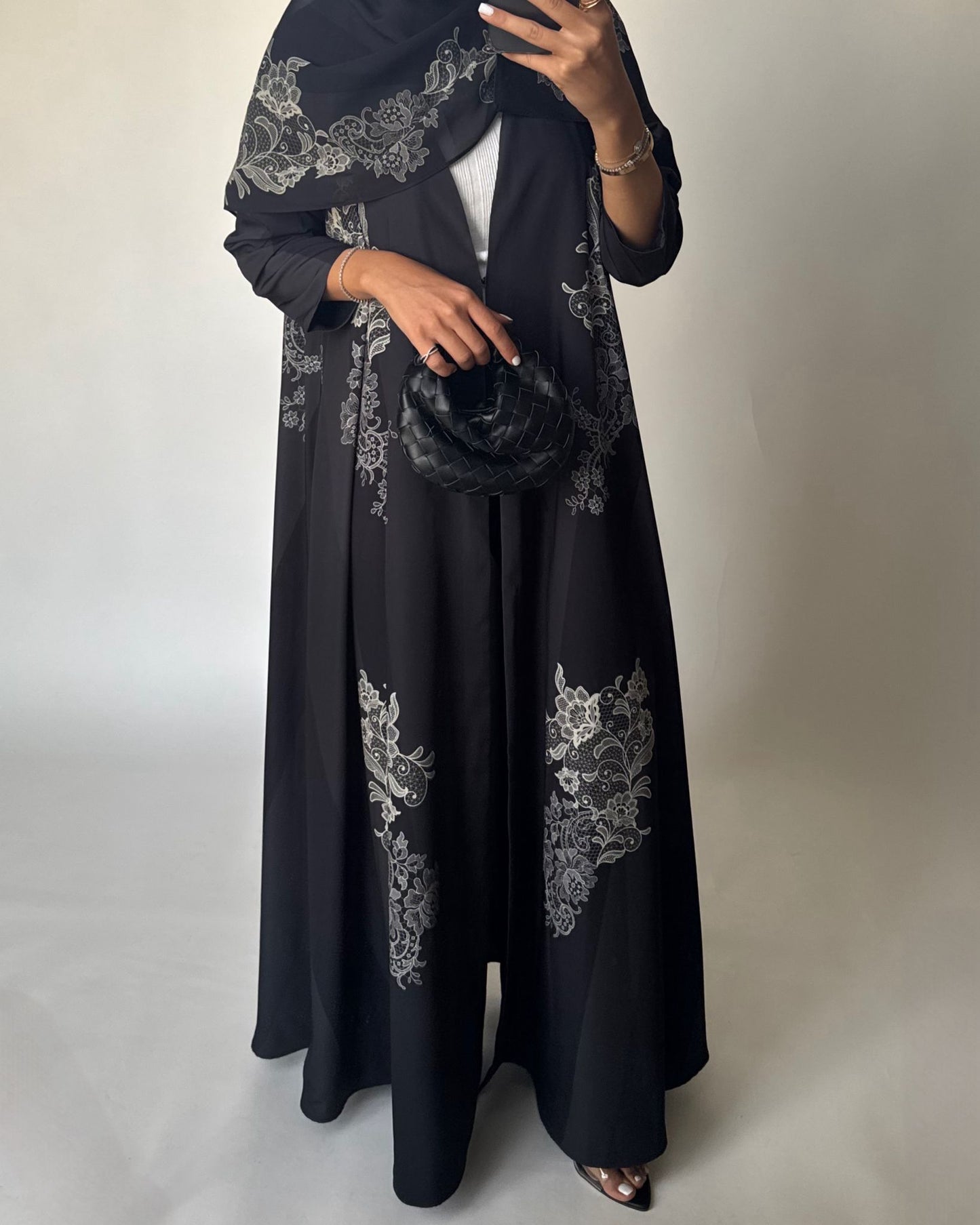 A580 - Black Striped Abaya with Beige Lace Pattern A-Cut Abaya & Matching Head Scarf