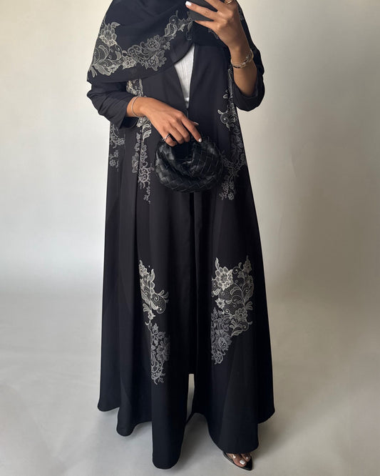 A580 - Black Striped Abaya with Beige Lace Pattern A-Cut Abaya & Matching Head Scarf