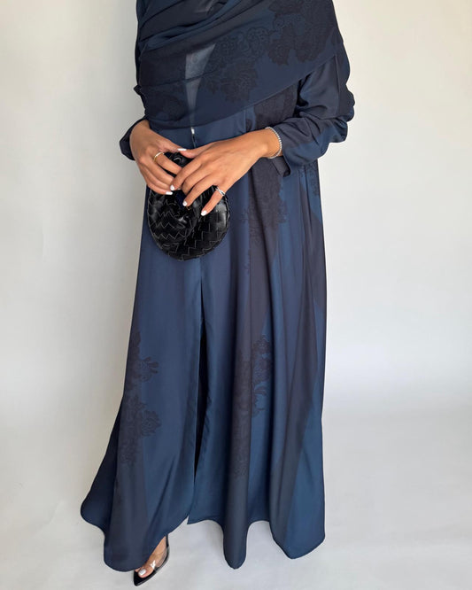 A577 - Blue Striped Abaya with Black Lace Pattern A-Cut Abaya & Matching Head Scarf