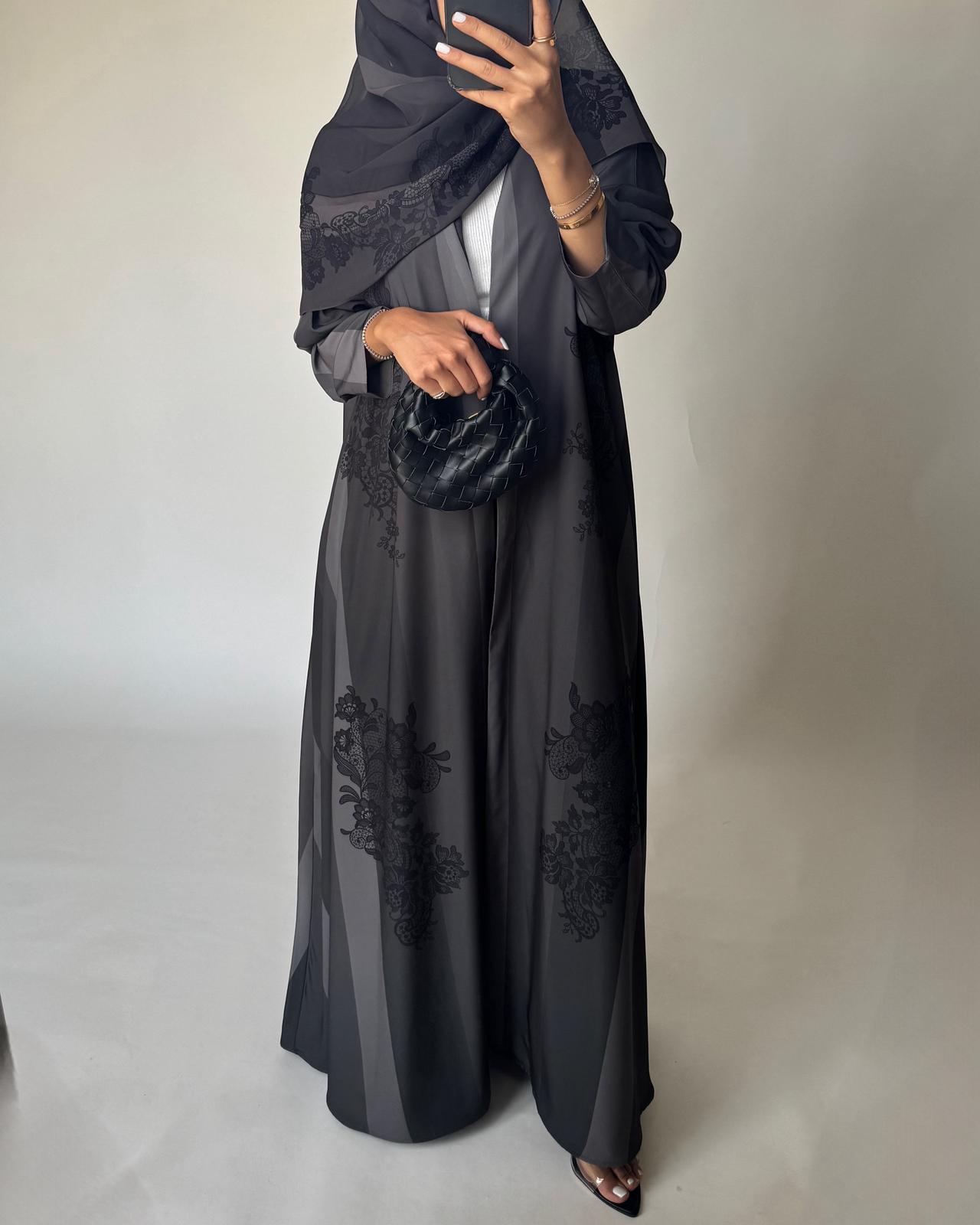 A578 - Gray Striped Abaya with Black Lace Pattern A-Cut Abaya & Matching Head Scarf