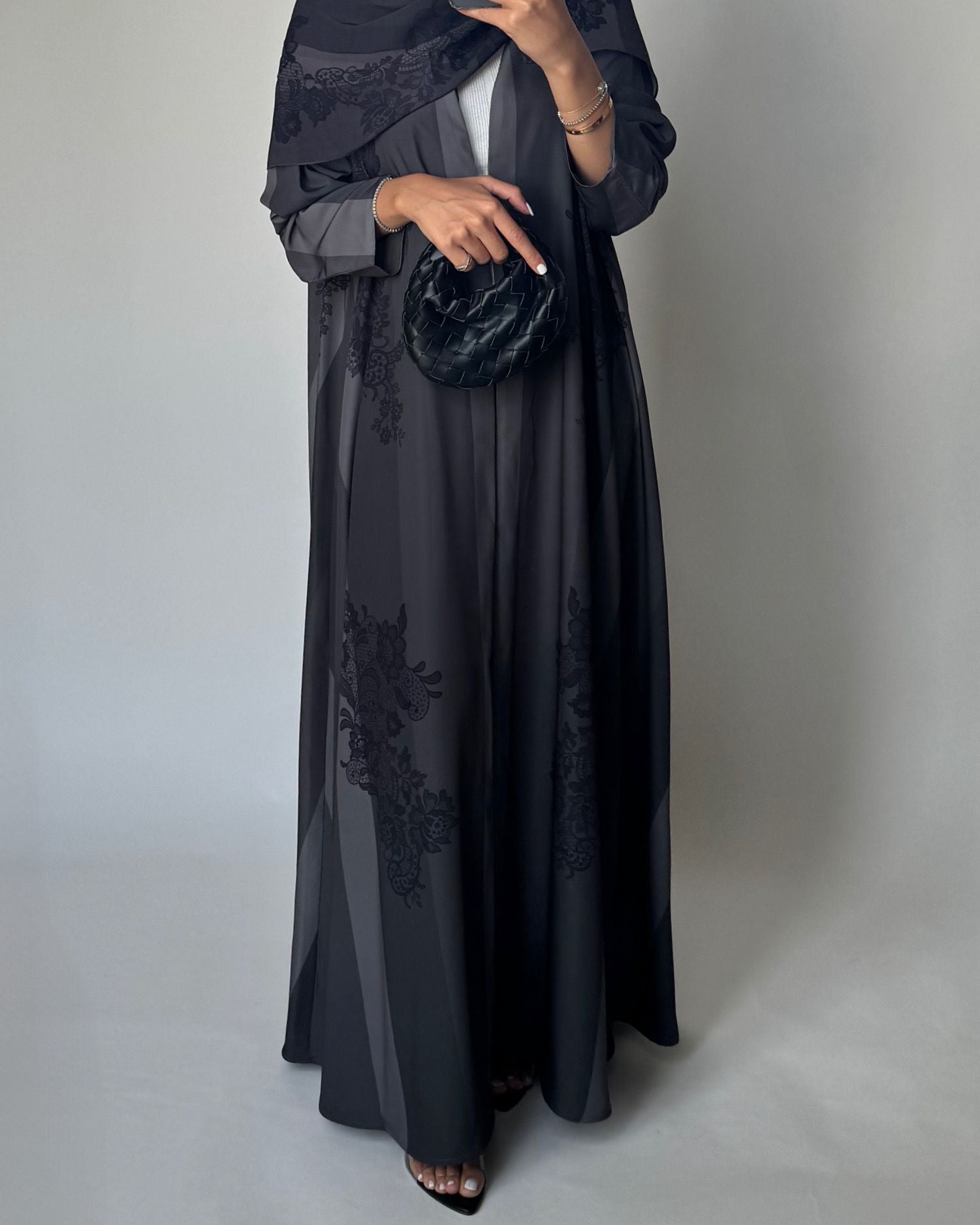 A578 - Gray Striped Abaya with Black Lace Pattern A-Cut Abaya & Matching Head Scarf