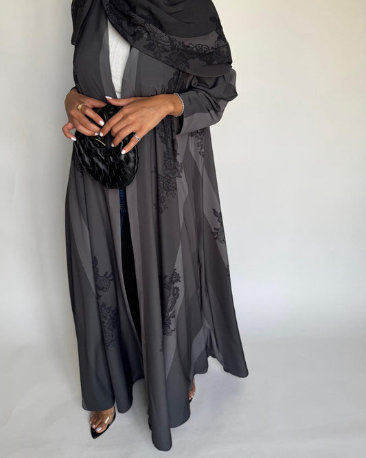 A578 - Gray Striped Abaya with Black Lace Pattern A-Cut Abaya & Matching Head Scarf