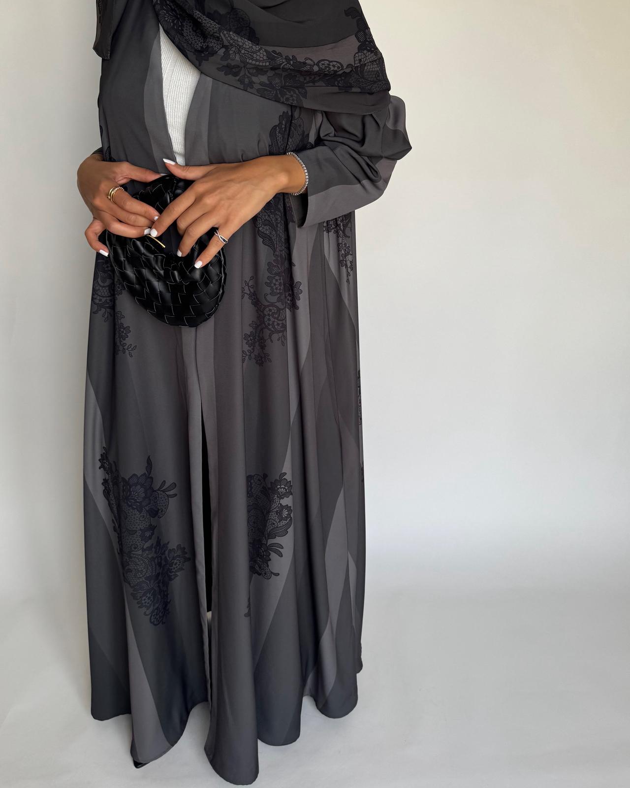 A578 - Gray Striped Abaya with Black Lace Pattern A-Cut Abaya & Matching Head Scarf