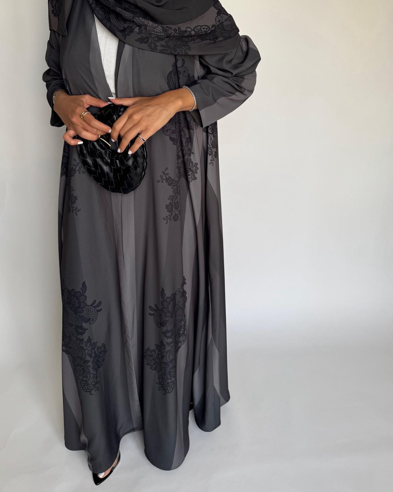 A578 - Gray Striped Abaya with Black Lace Pattern A-Cut Abaya & Matching Head Scarf