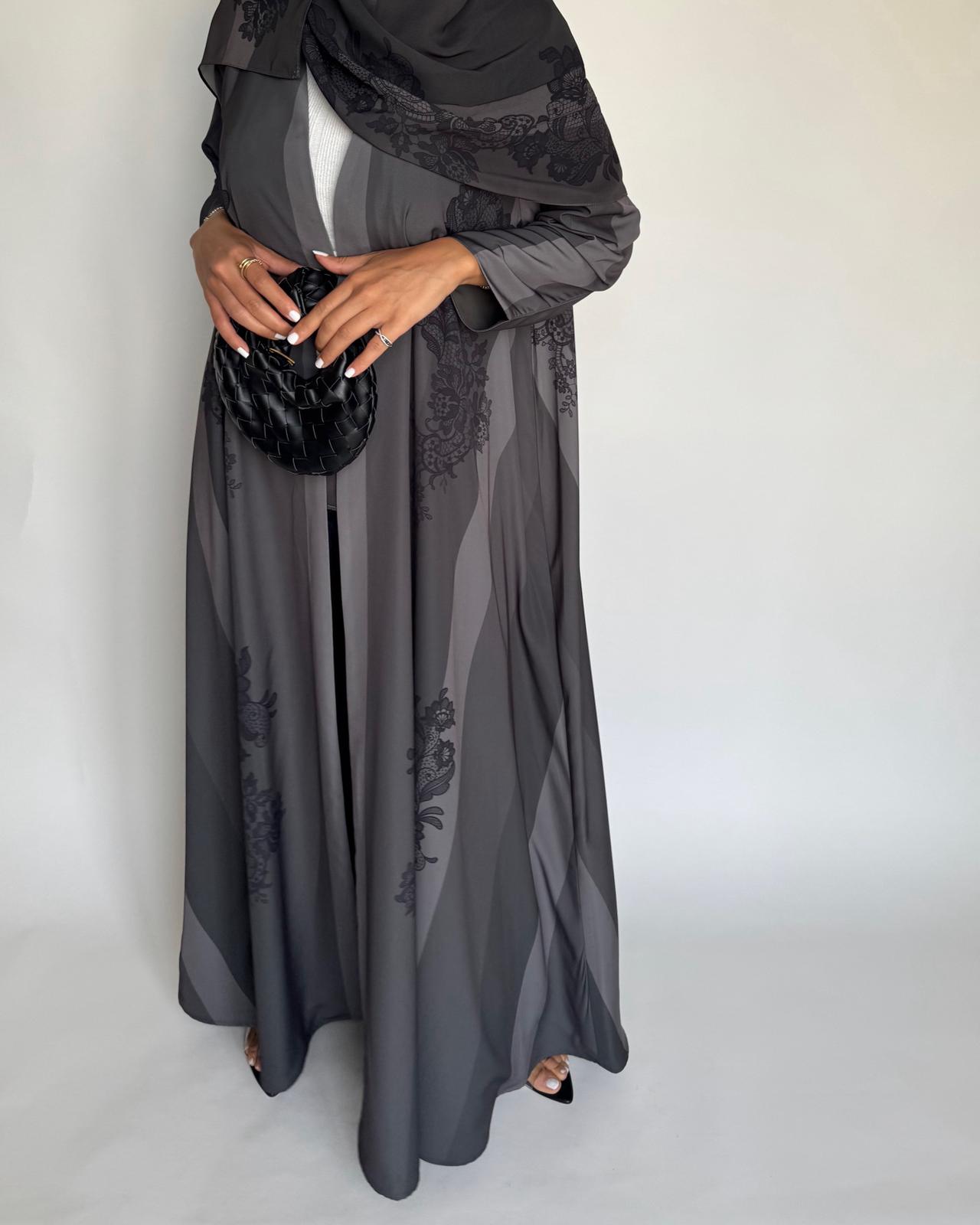 A578 - Gray Striped Abaya with Black Lace Pattern A-Cut Abaya & Matching Head Scarf