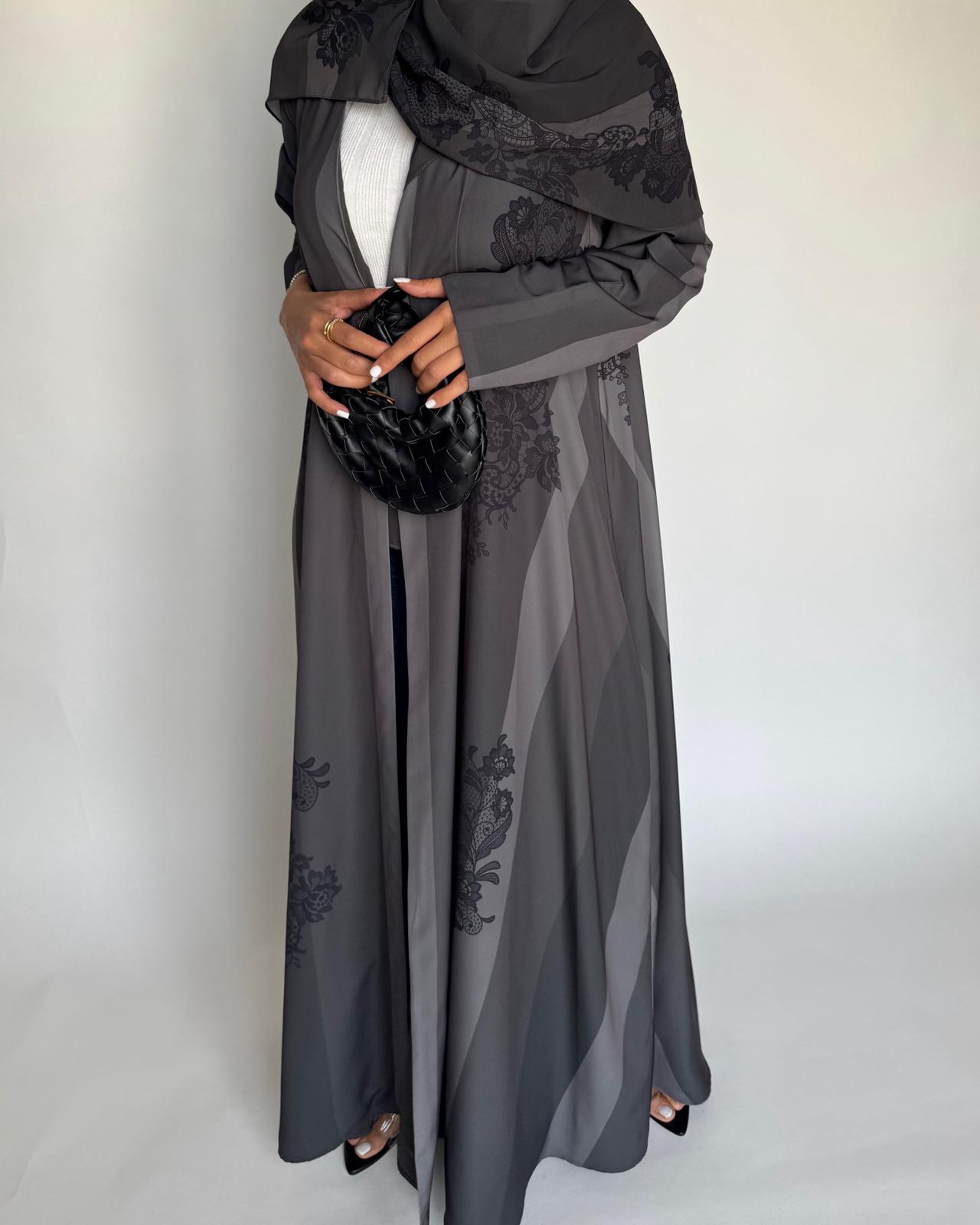 A578 - Gray Striped Abaya with Black Lace Pattern A-Cut Abaya & Matching Head Scarf