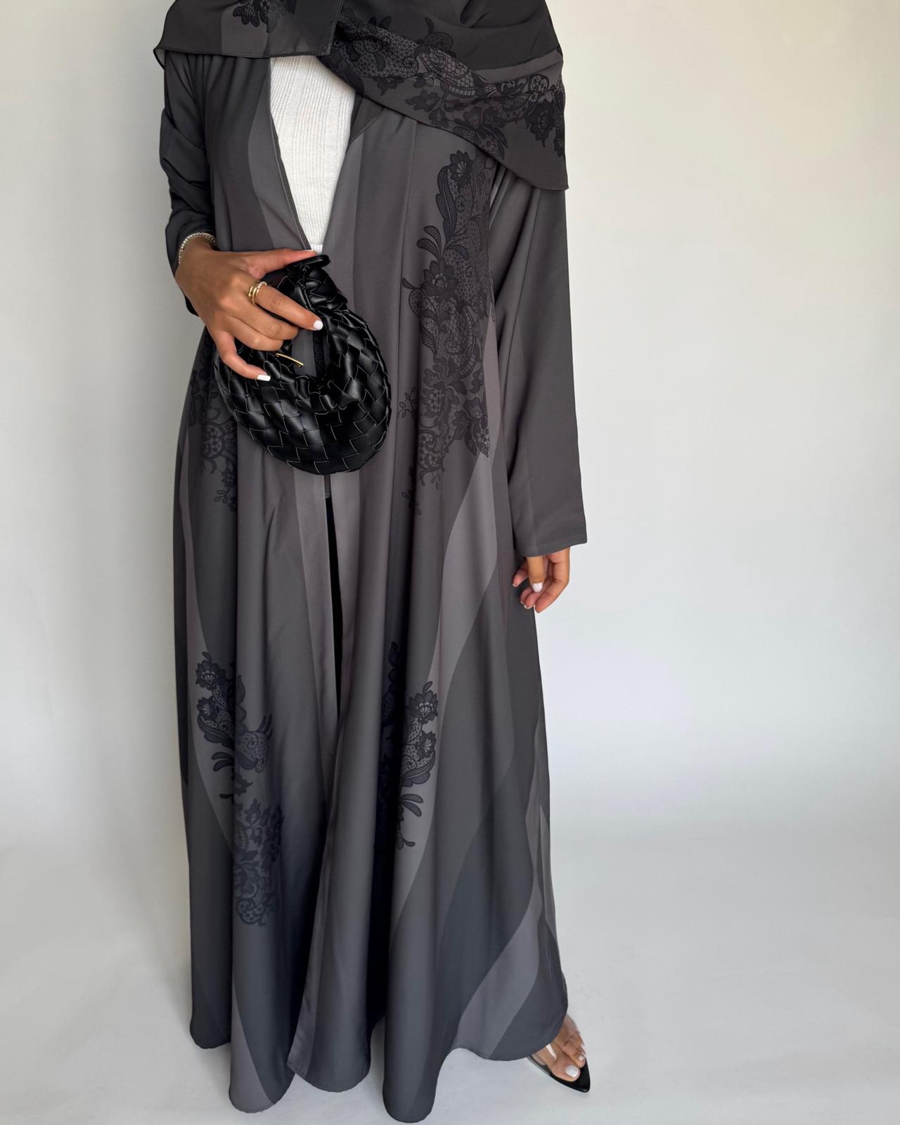 A578 - Gray Striped Abaya with Black Lace Pattern A-Cut Abaya & Matching Head Scarf