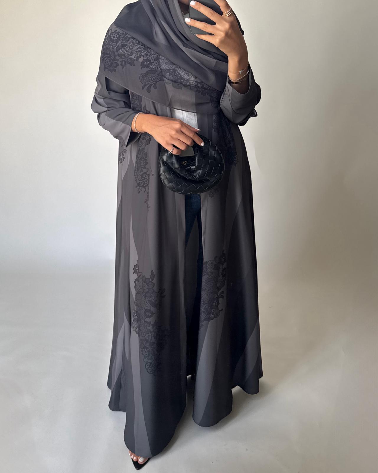 A578 - Gray Striped Abaya with Black Lace Pattern A-Cut Abaya & Matching Head Scarf