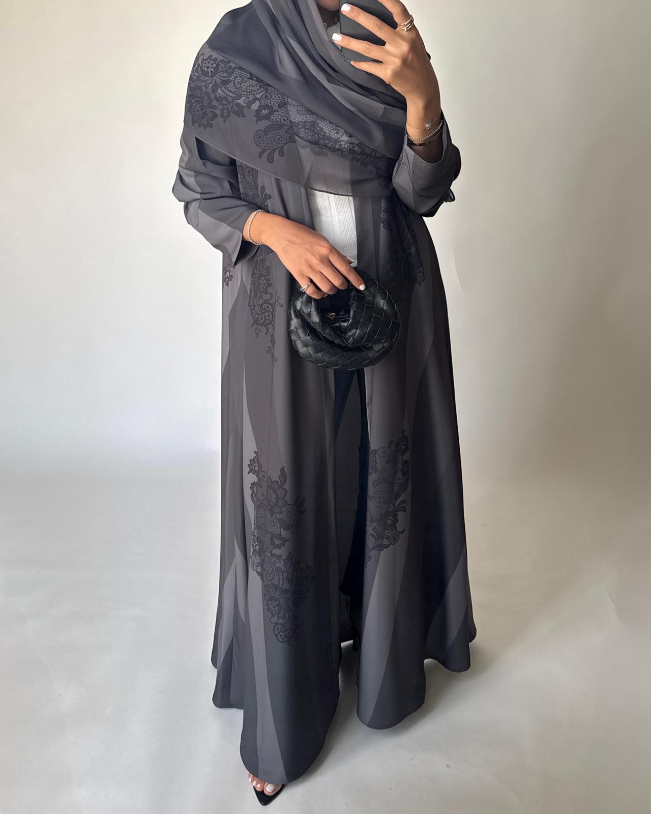 A578 - Gray Striped Abaya with Black Lace Pattern A-Cut Abaya & Matching Head Scarf