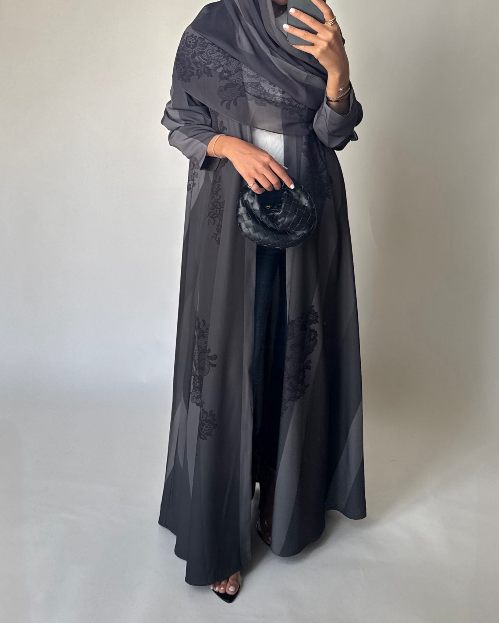 A578 - Gray Striped Abaya with Black Lace Pattern A-Cut Abaya & Matching Head Scarf