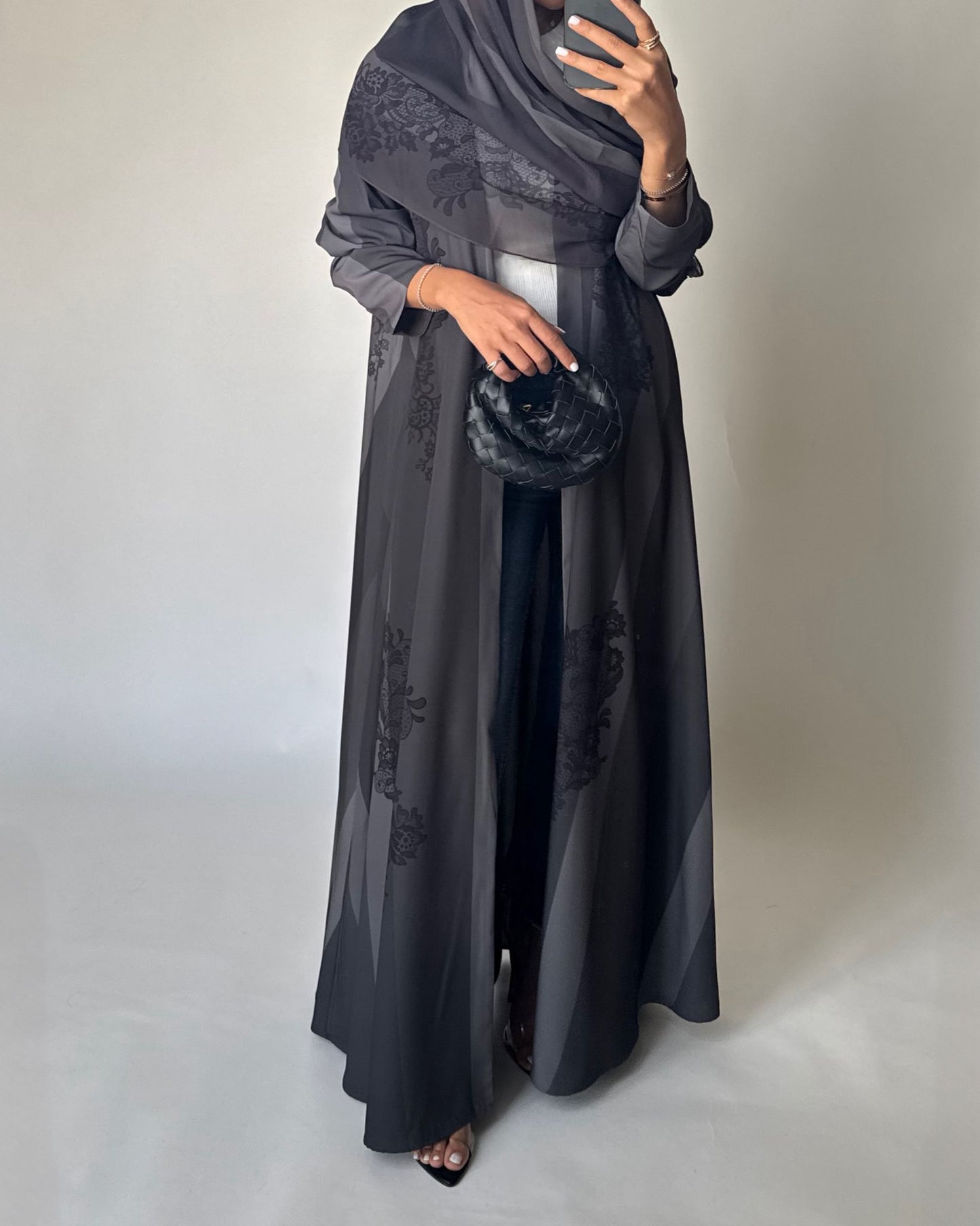 A578 - Gray Striped Abaya with Black Lace Pattern A-Cut Abaya & Matching Head Scarf