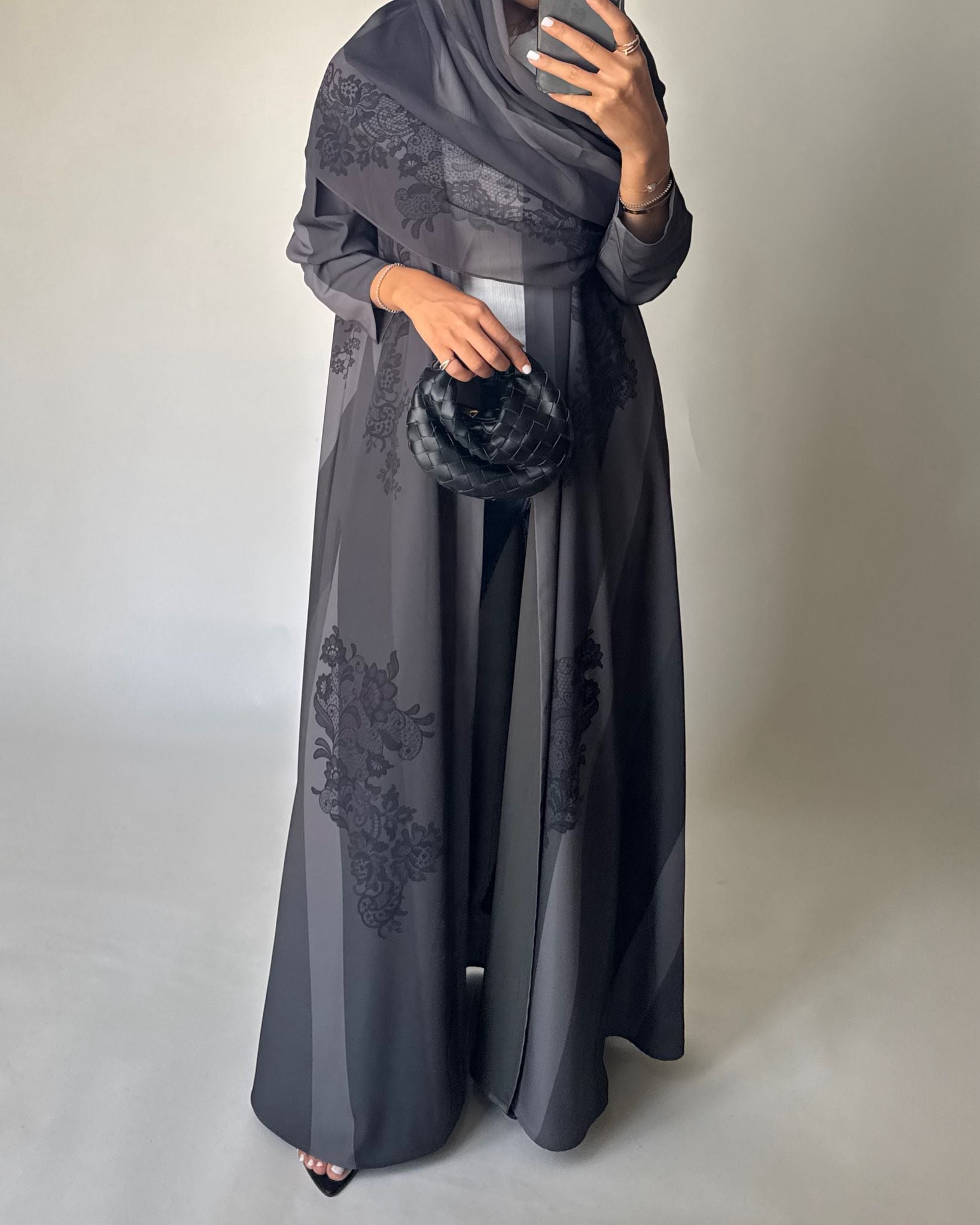 A578 - Gray Striped Abaya with Black Lace Pattern A-Cut Abaya & Matching Head Scarf