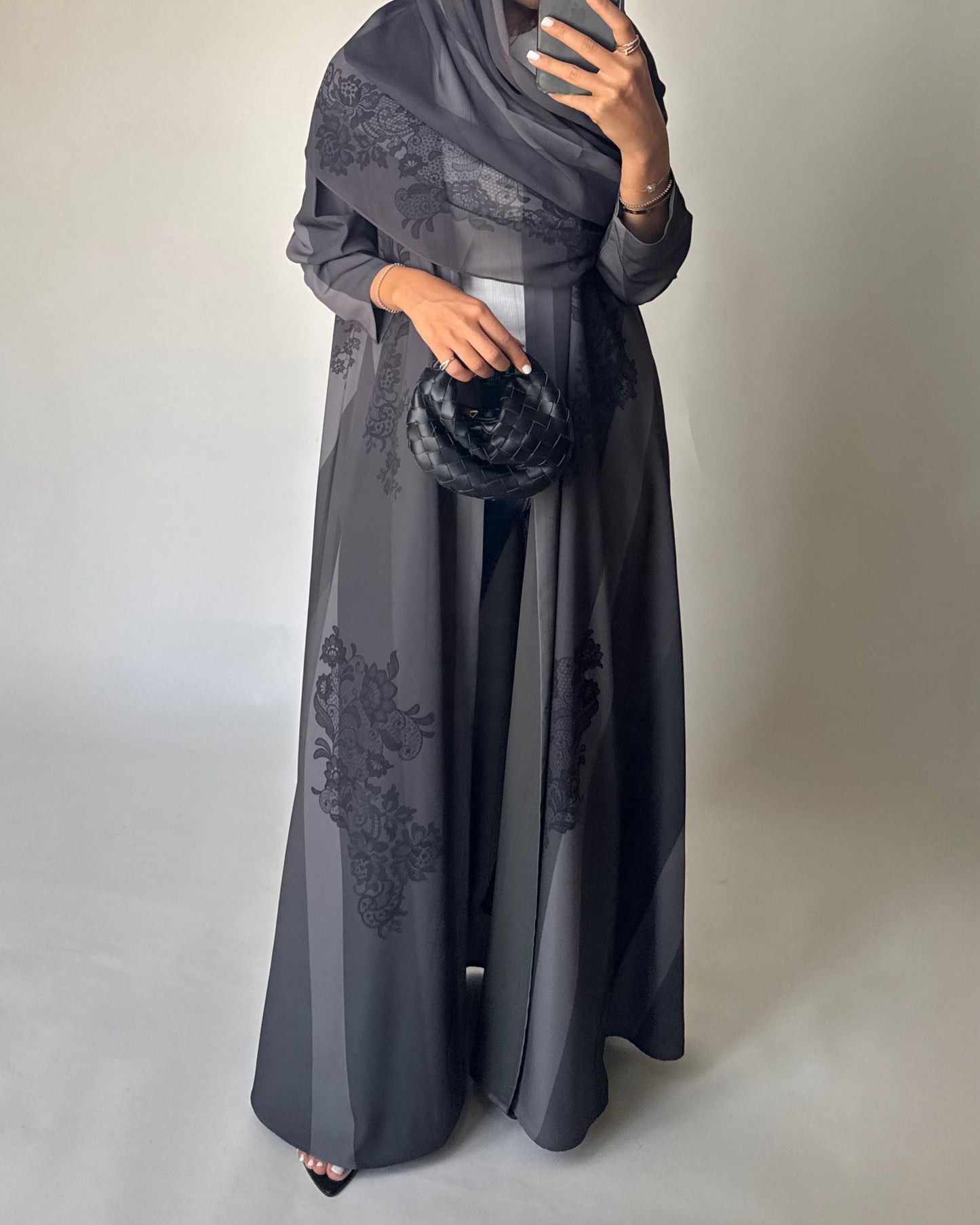 A578 - Gray Striped Abaya with Black Lace Pattern A-Cut Abaya & Matching Head Scarf