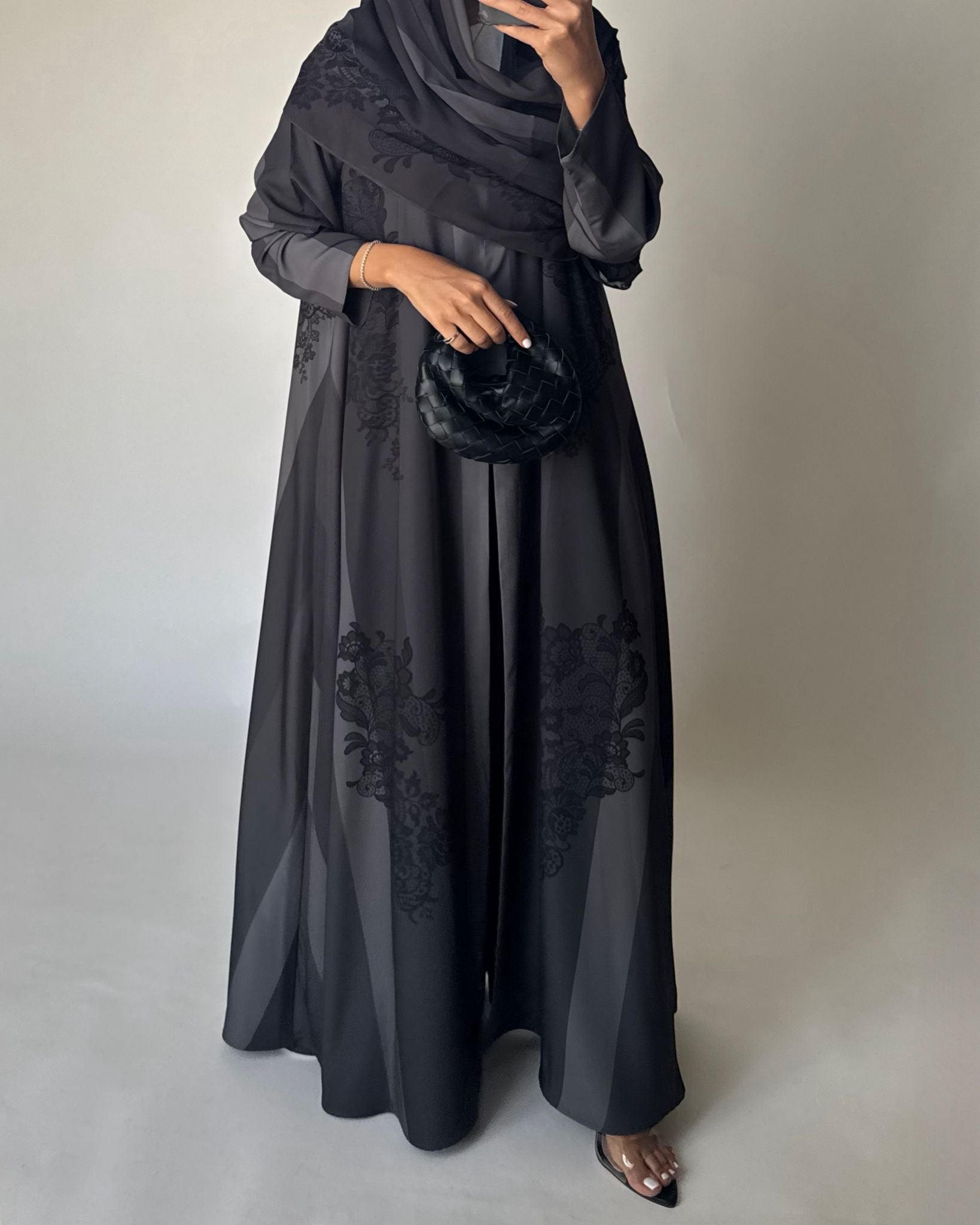 A578 - Gray Striped Abaya with Black Lace Pattern A-Cut Abaya & Matching Head Scarf