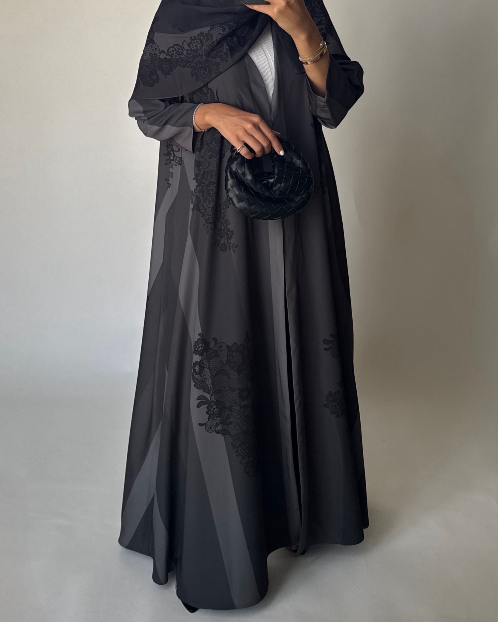 A578 - Gray Striped Abaya with Black Lace Pattern A-Cut Abaya & Matching Head Scarf
