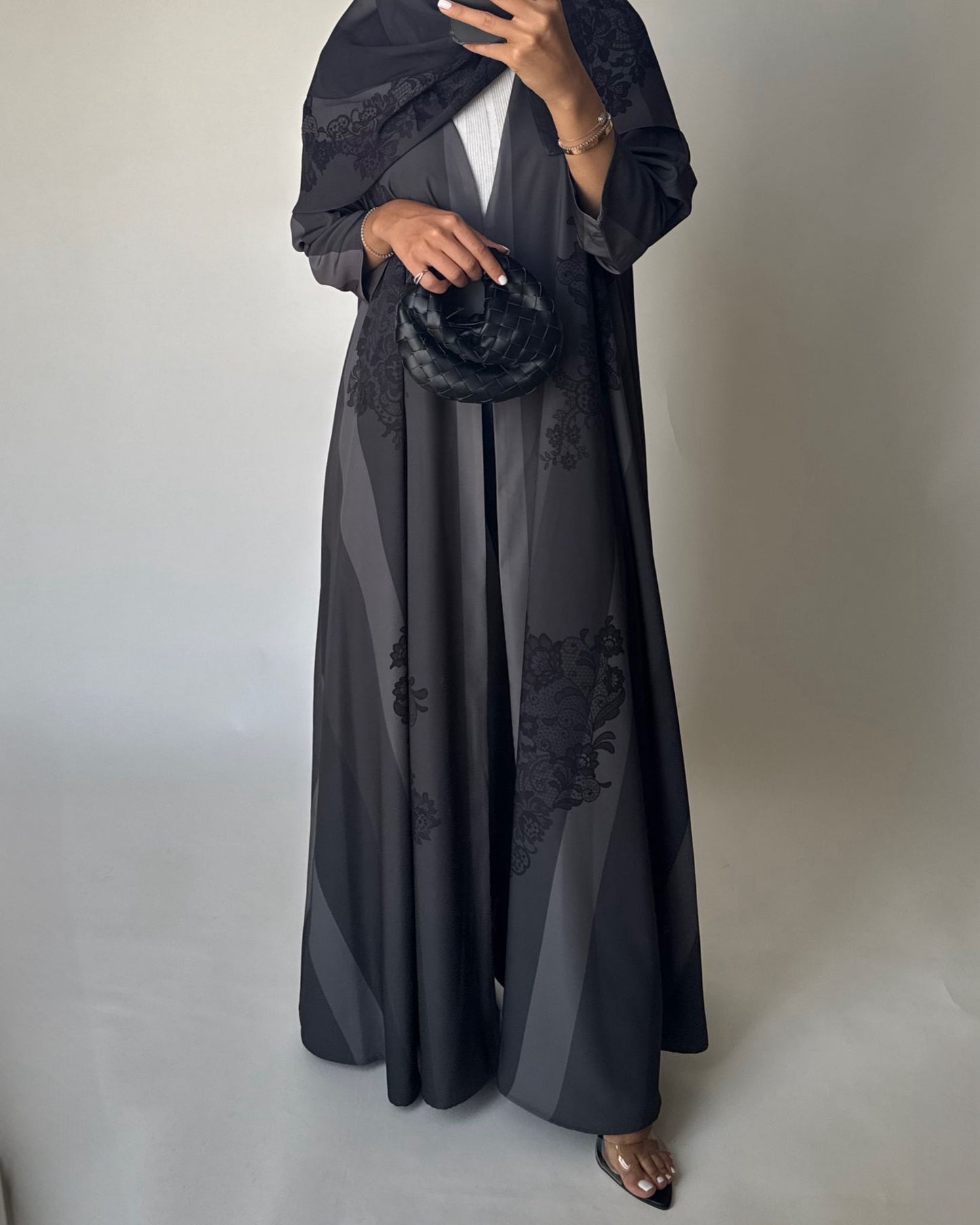A578 - Gray Striped Abaya with Black Lace Pattern A-Cut Abaya & Matching Head Scarf