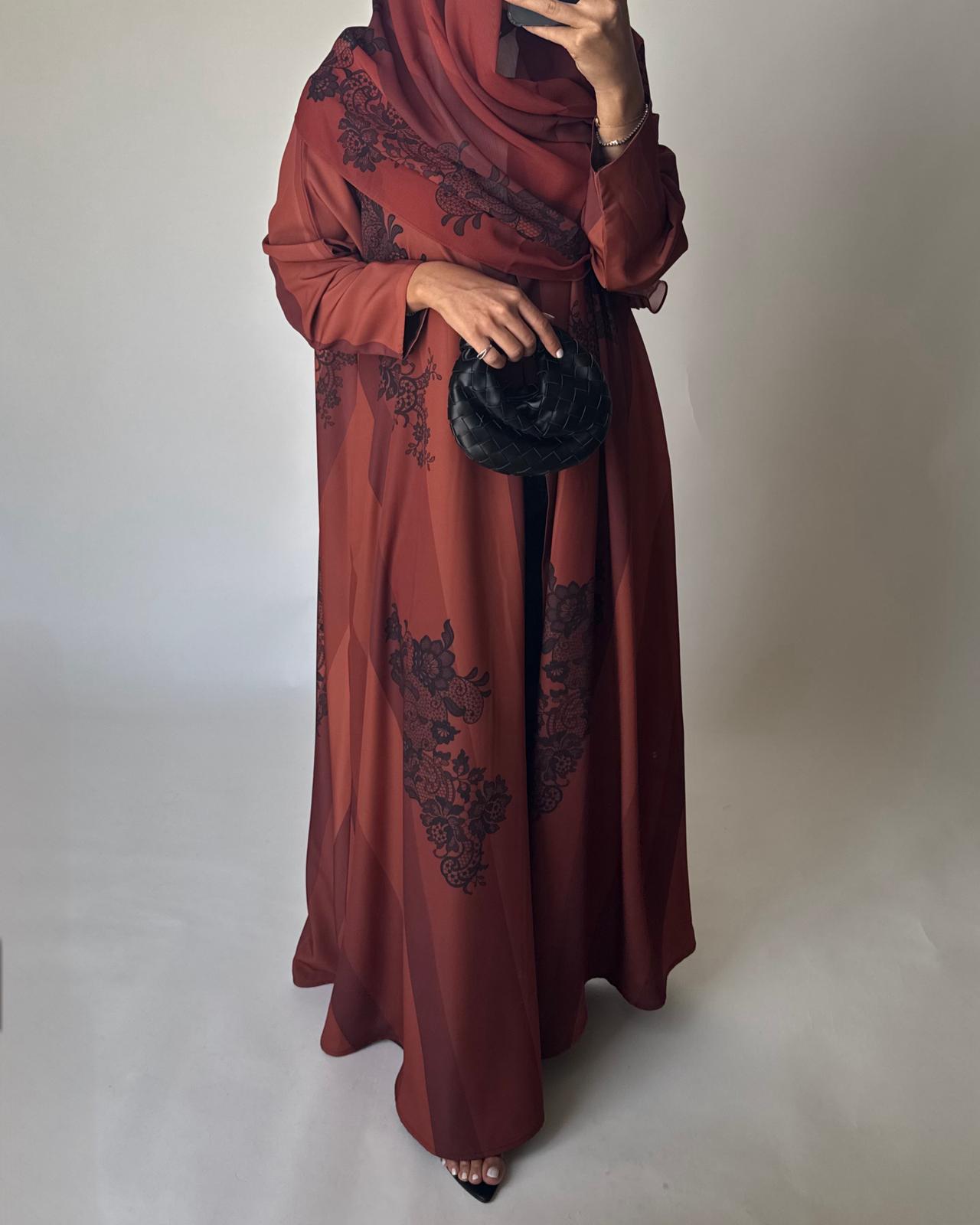 A579 - Burnt Orange Striped Abaya with Black Lace Pattern A-Cut Abaya & Matching Head Scarf